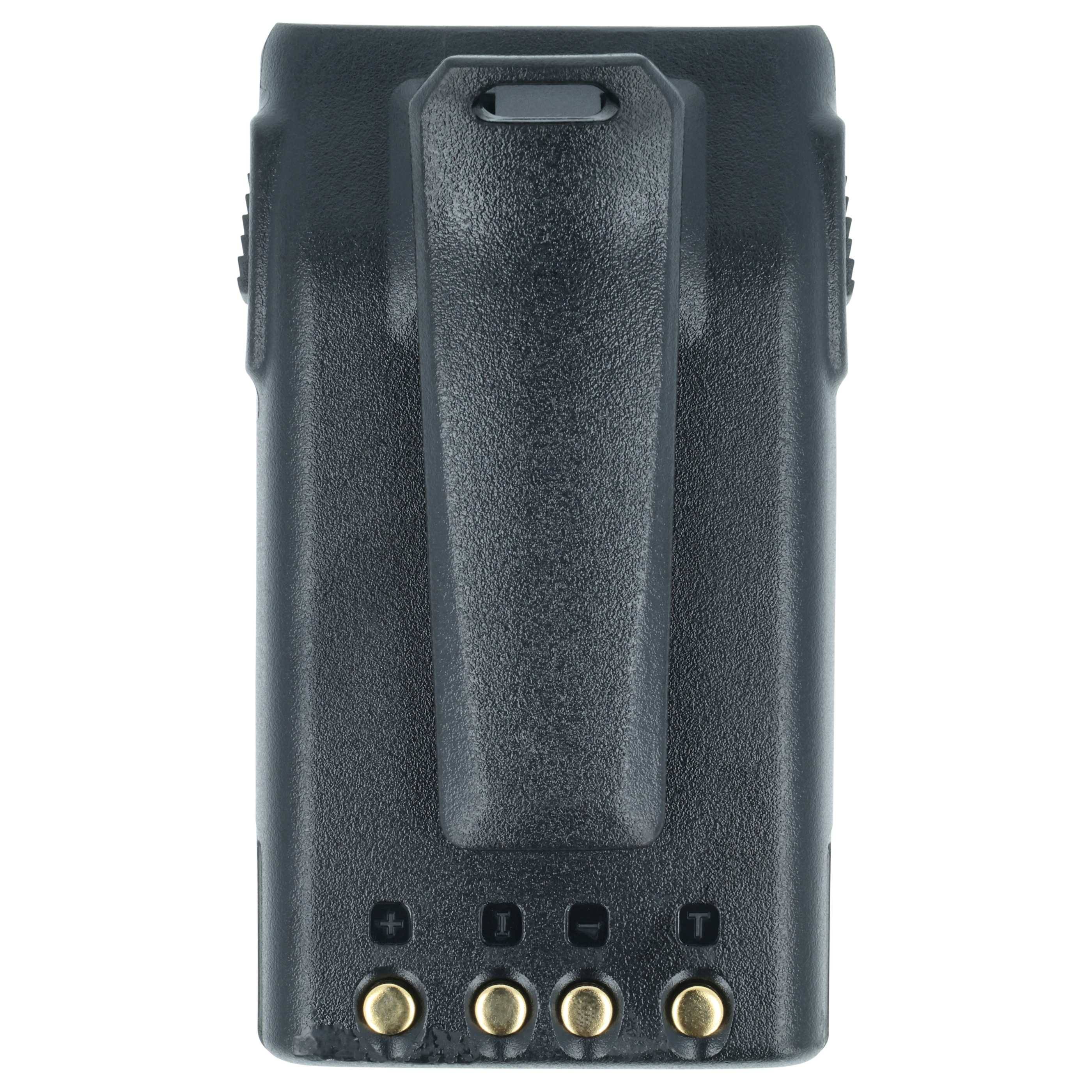 Eine schwarze Zwei-Wege-Funkbatterie mit Gürtelclip und vier Metallsteckern am Boden, konzipiert für sichere Befestigung und Stromversorgung.