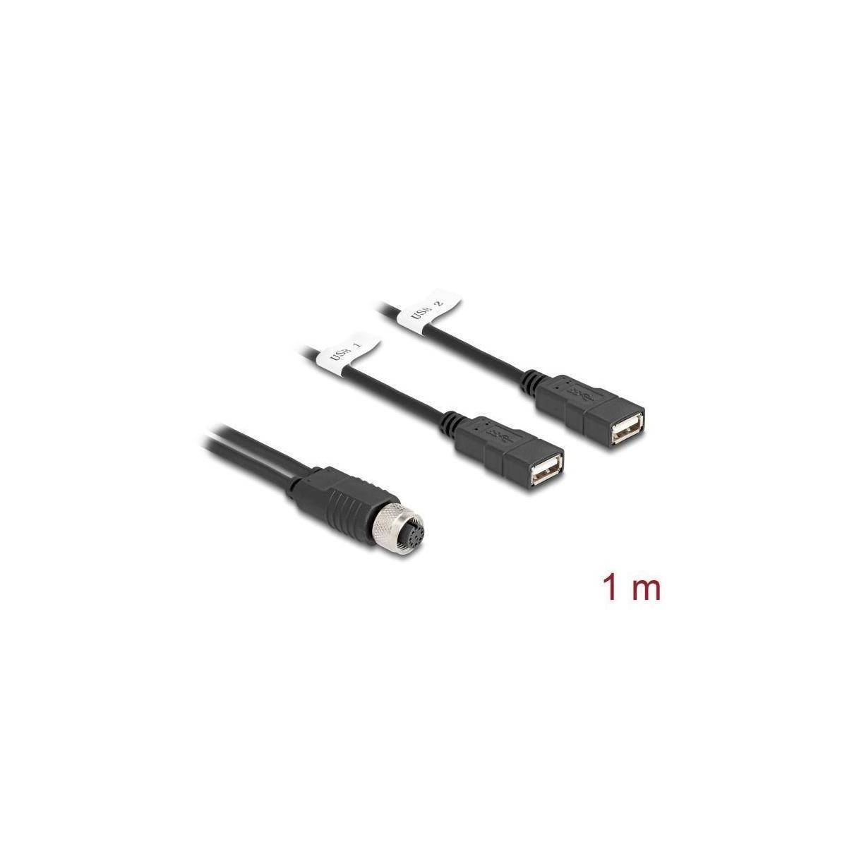60290 - M12 Kabel A-kodiert 8 Pin Buchse zu 2 x USB 2.0 Typ-A Buchse 1 m schwarz