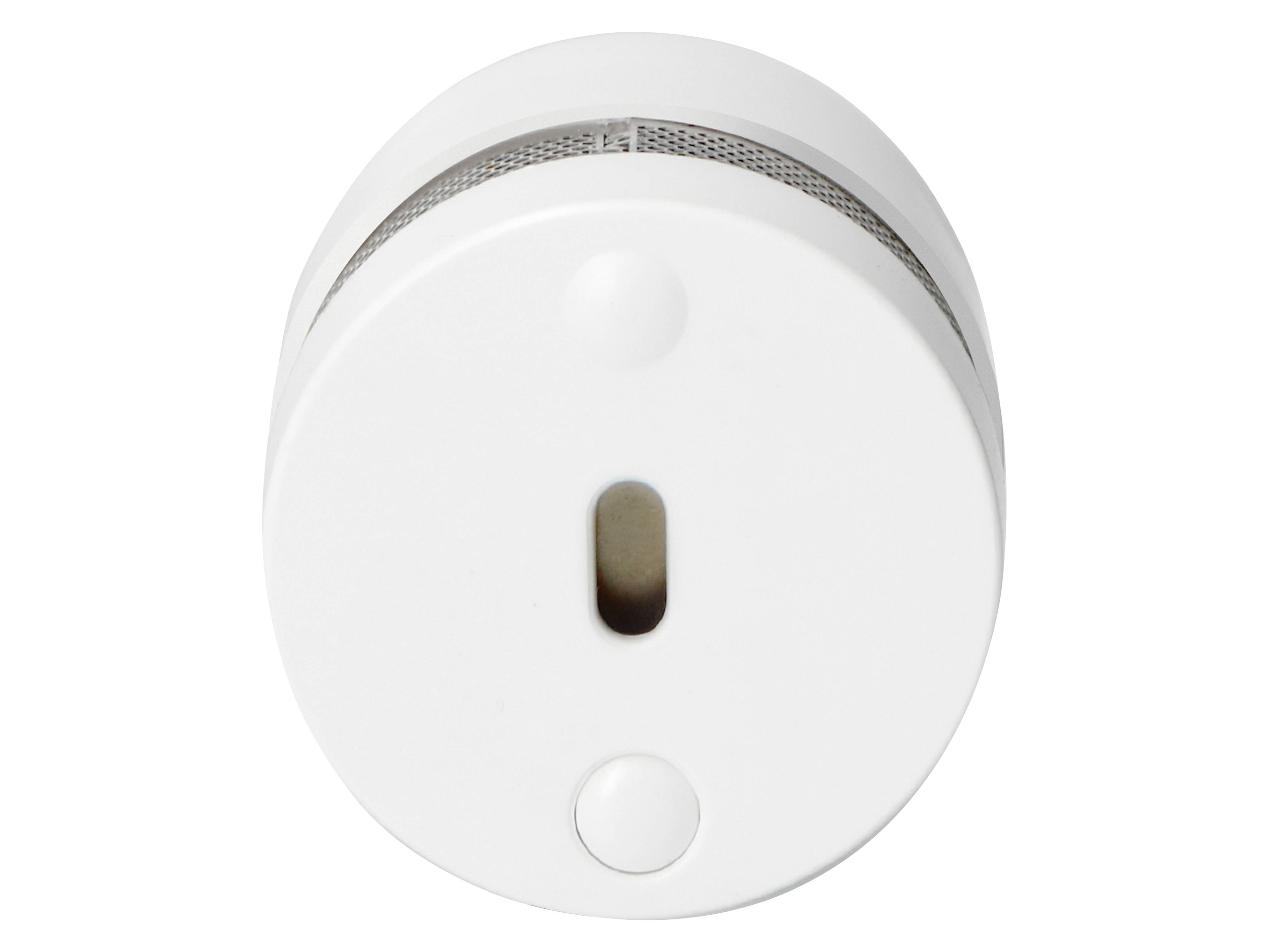 Ein runder, weißer Rauchmelder mit einer zentralen Öffnung und einem Testknopf an der Unterseite, konzipiert für die Deckenmontage zur Rauchentdeckung.