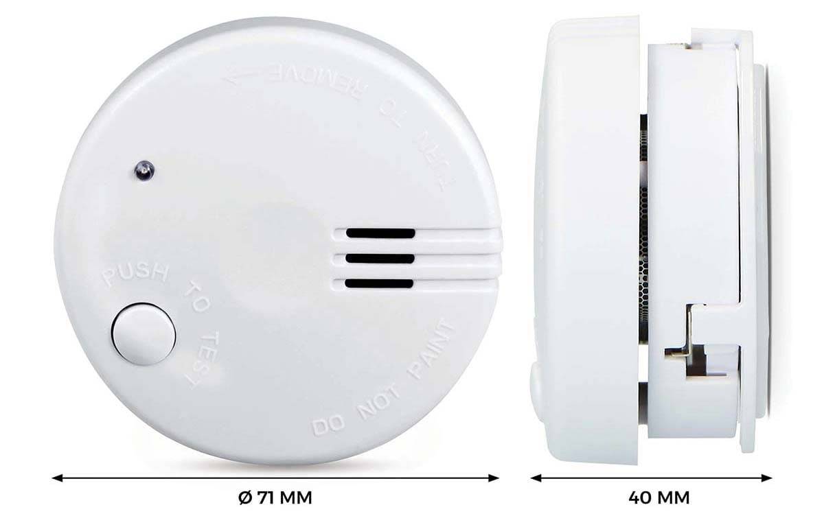 Rauchwarnmelder 71 mm Durchmesser, 40 mm Höhe, Seiten- und Draufsicht dargestellt. Gekennzeichnet mit 'NICHT ANSTREICHEN' und 'ZUM TESTEN' Taste.