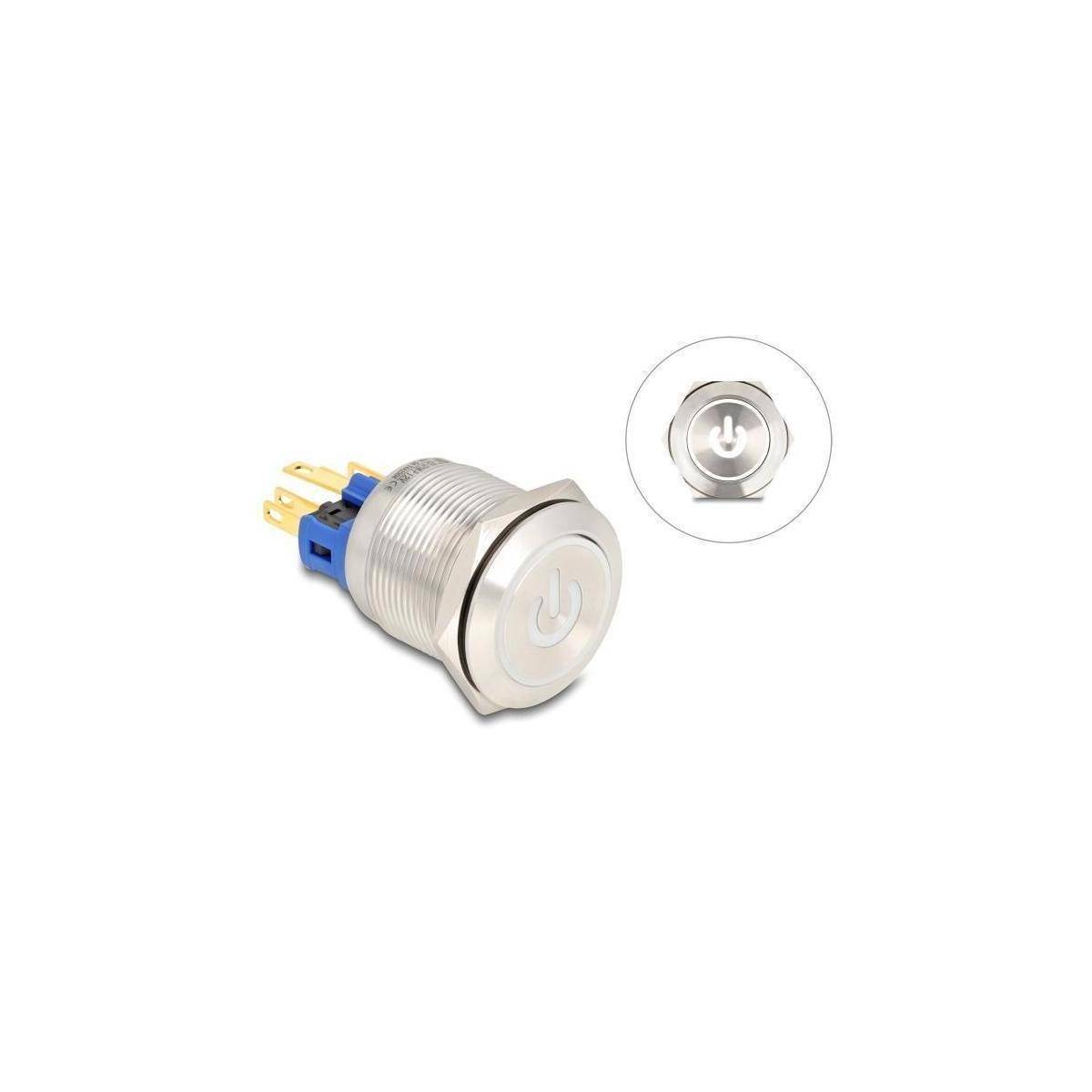 22051 - Druckschalter zum Einbau 22 mm 6 x Lötanschluss LED weiß Powersymbol Rin