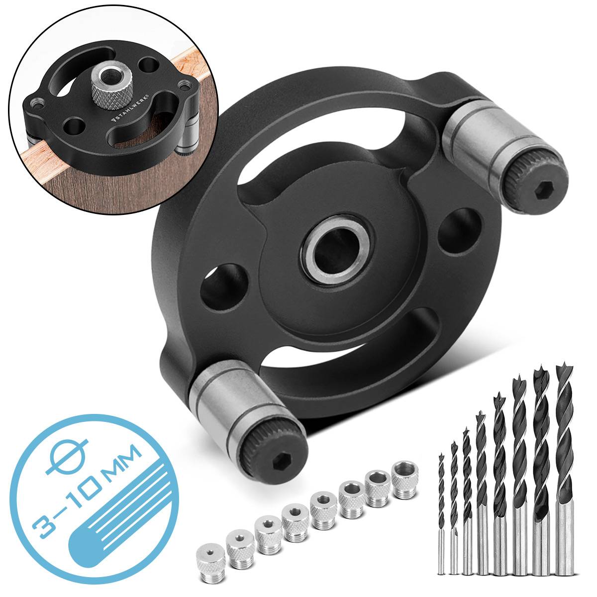 STAHLWERK Dübellehren-Set mit Bohrbuchsen Bohrern Selbstzentrierende Dübelhilfe