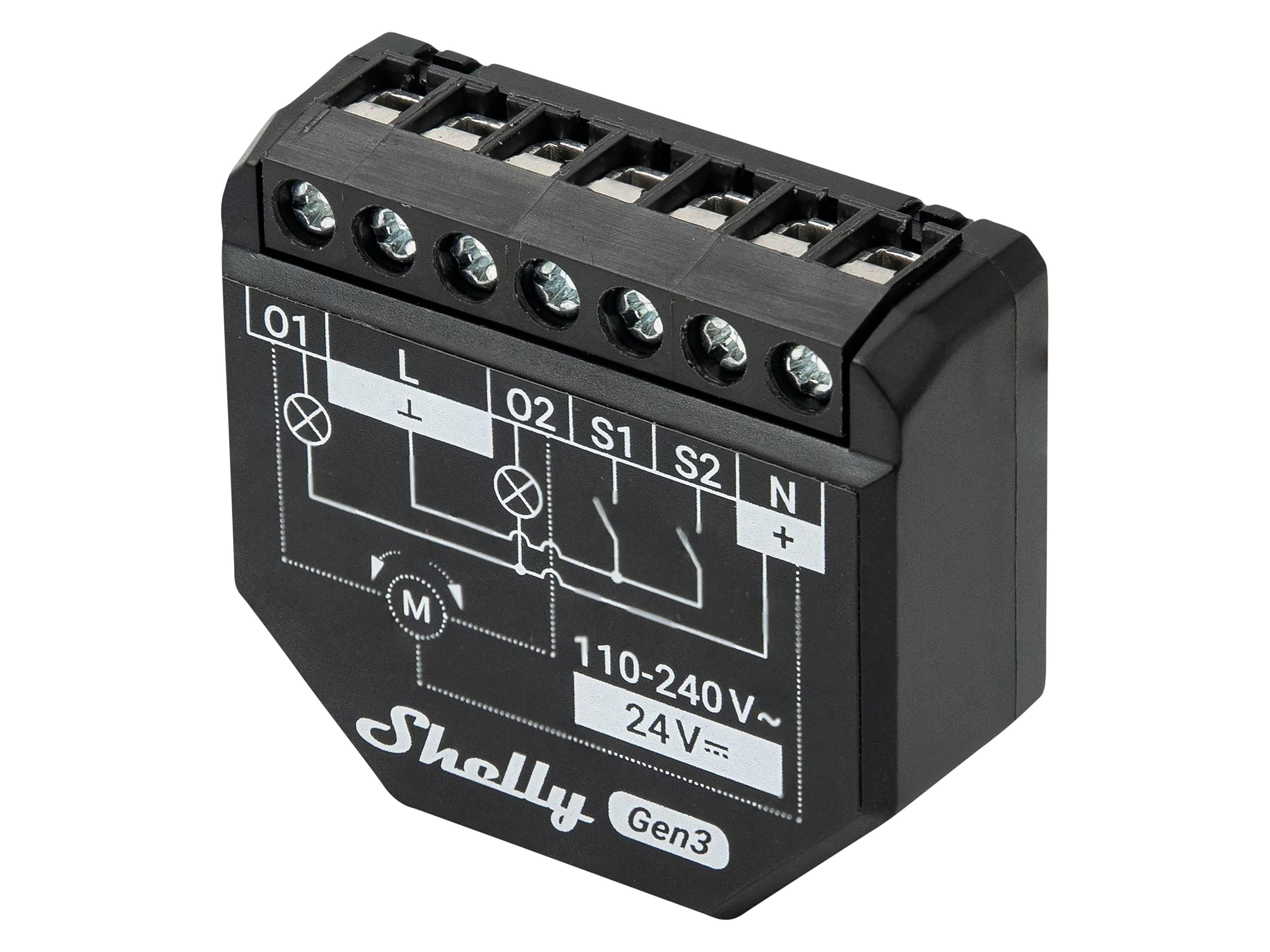 Schwarzes Shelly Gen3-Gerät mit Anschlüssen, die mit O1, O2, L, S1, S2, N beschriftet sind, und Spannungsangaben 110-240V und 24V; Schaltplan auf der Oberfläche.
