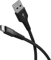 Schwarzes USB-A-auf-USB-C-Ladekabel auf weißem Hintergrund, mit Steckverbindern in Großaufnahme.