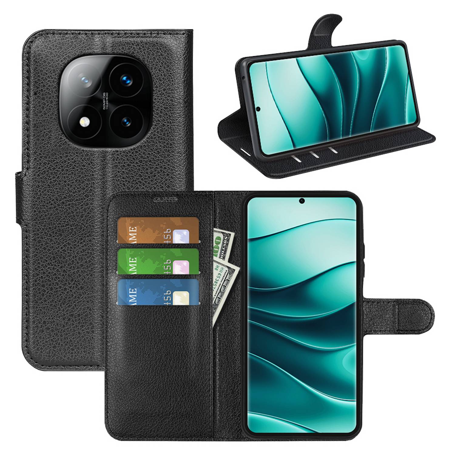 Für Xiaomi Redmi Note 14 Pro Plus 5G Kunstleder Book Wallet Tasche Hülle Etuis Cover Schwarz