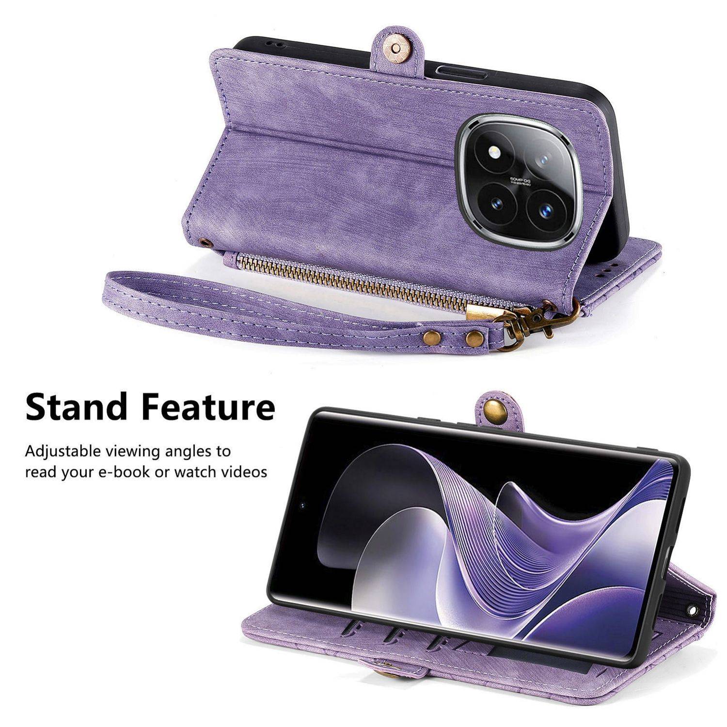 Für Xiaomi Redmi Note 14 Pro Plus 5G Geometric Design Kunstleder Zipper Book Wallet Tasche mit Schlaufe Lila