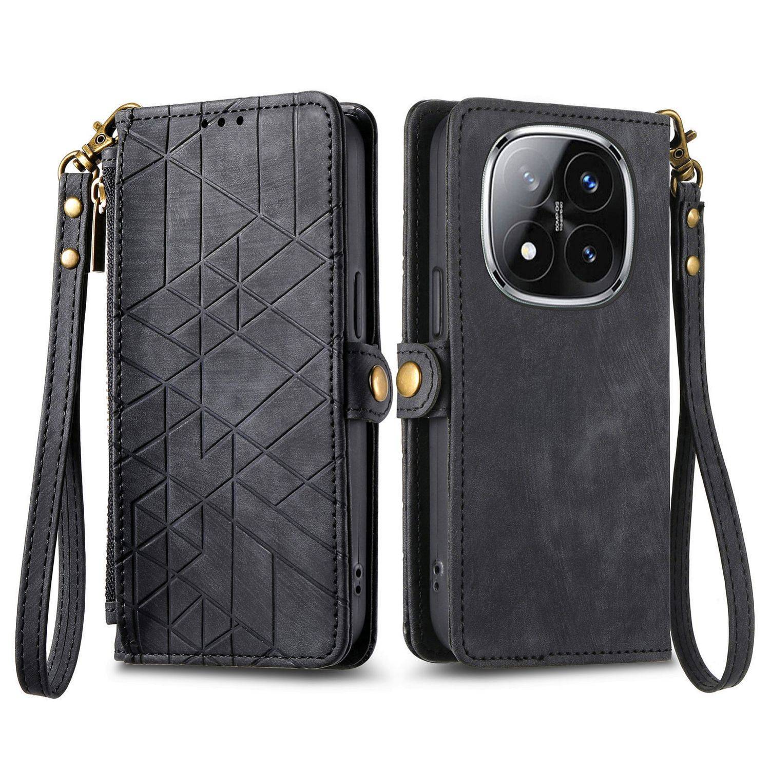 Für Xiaomi Redmi Note 14 Pro Plus 5G Geometric Design Kunstleder Zipper Book Wallet Tasche mit Schlaufe Schwarz