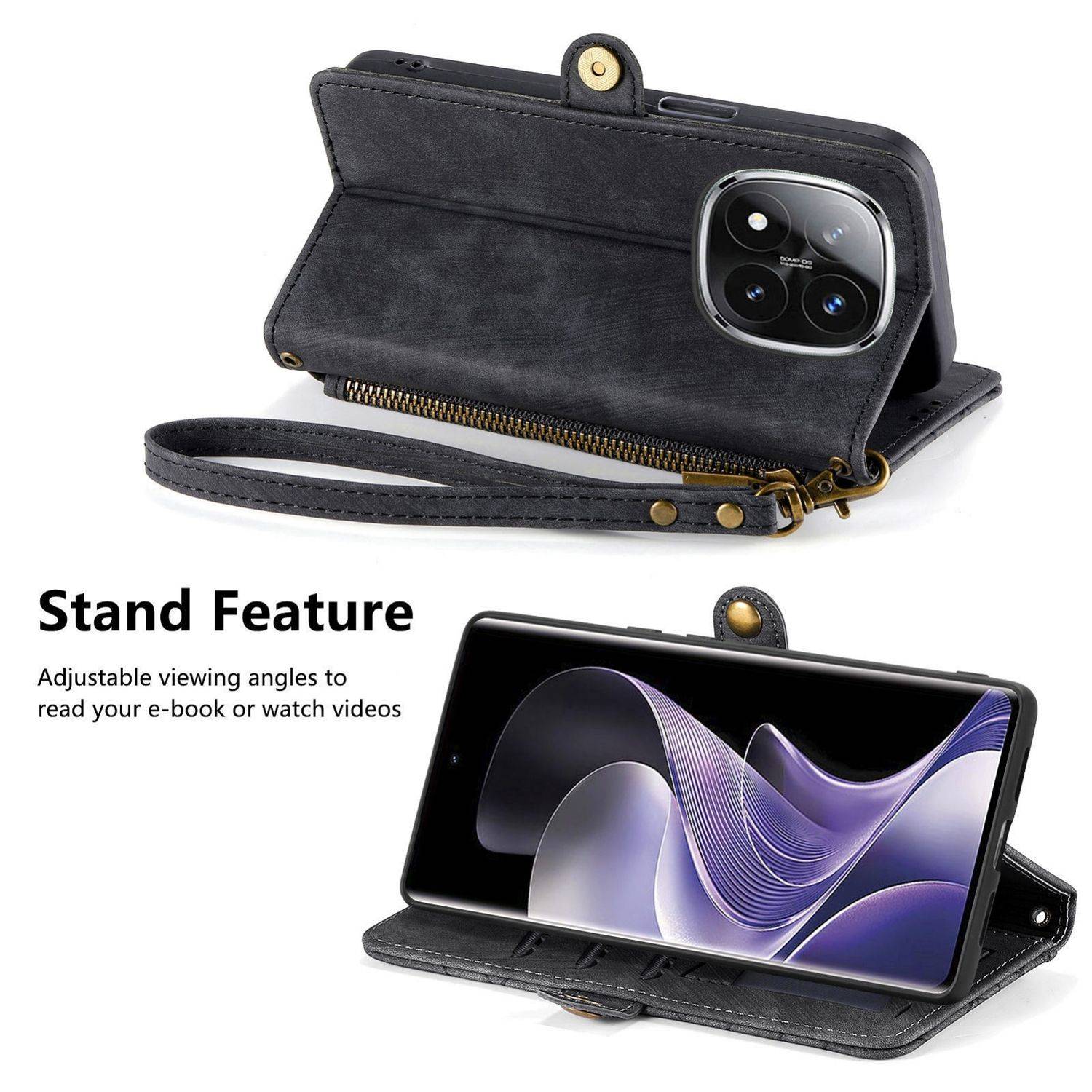 Für Xiaomi Redmi Note 14 Pro Plus 5G Geometric Design Kunstleder Zipper Book Wallet Tasche mit Schlaufe Schwarz