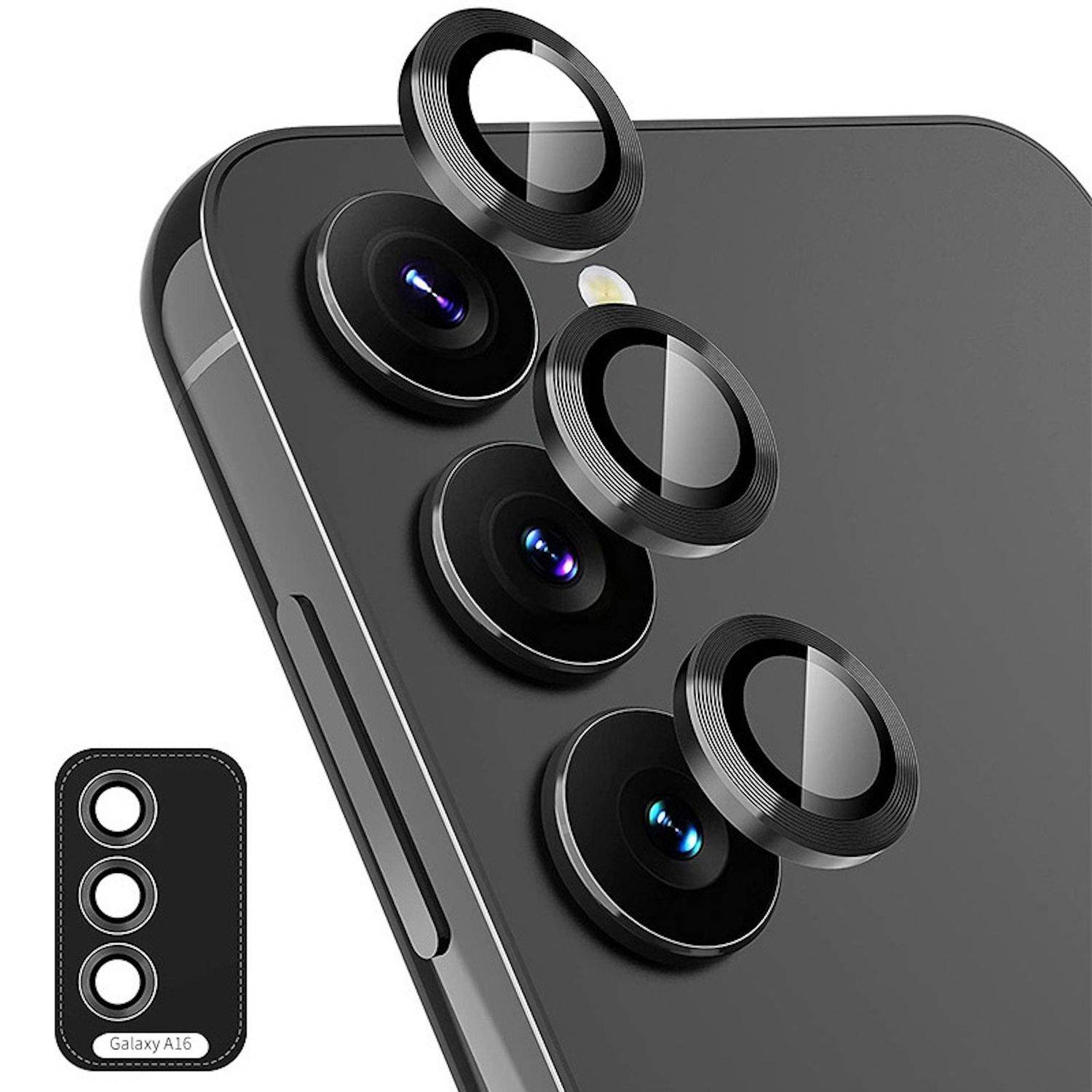Für Samsung Galaxy A16 Aluminium Ring Kamera + H9 Tempered Hart Glas Schwarz