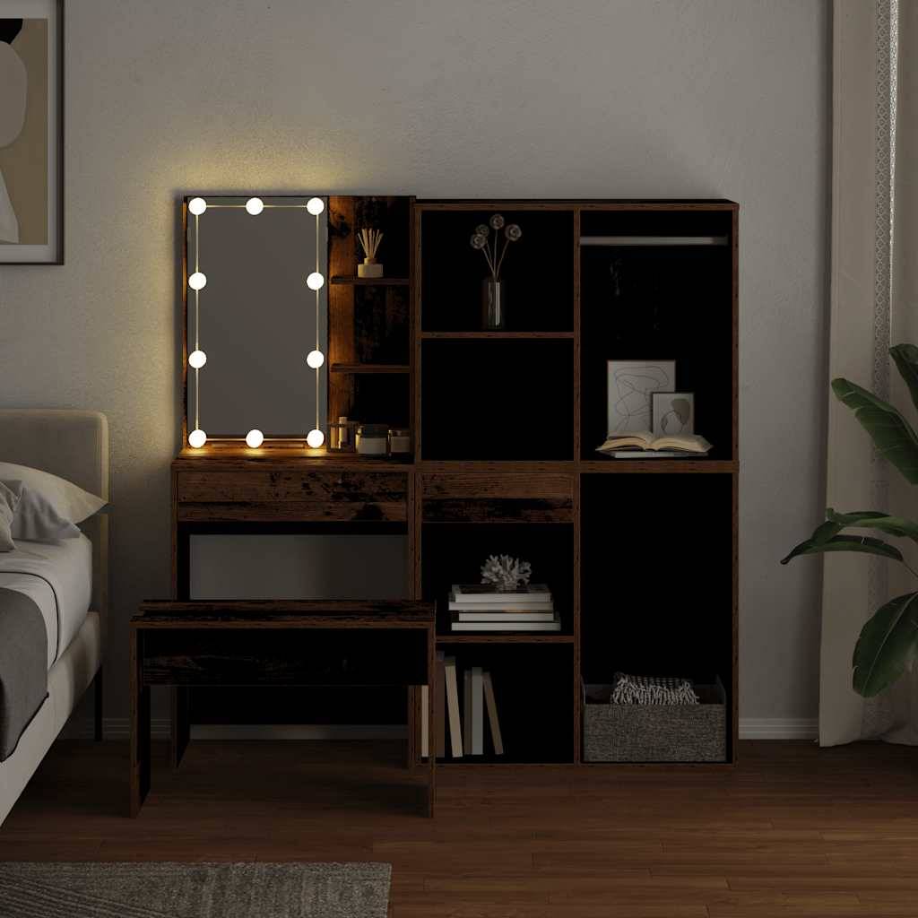 vidaXL Schminktisch-Set mit LED-Leuchten Altholz-Optik Holzwerkstoff