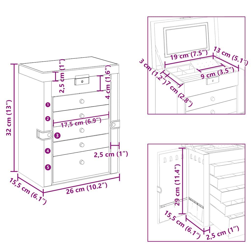 vidaXL Schmuckkästchen 6-Schichten mit Spiegel Abschließbar Schwarz