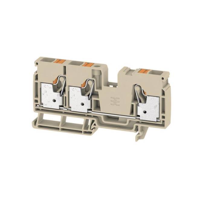 Ein beiges modulares Klemmleistenmodul mit drei Anschllusspunkten und Hebelmechanismen, das zum Sichern und Verwalten von elektrischen Leitungen verwendet wird.