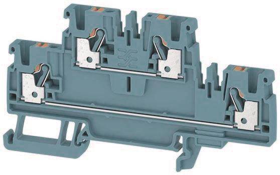 Ein graues Elektroterminal-Anschlussklemme zum Verbinden von Drähten, das zwei Anschlußpunkte mit Metallklemmen und orangefarbenen Akzenten zeigt.