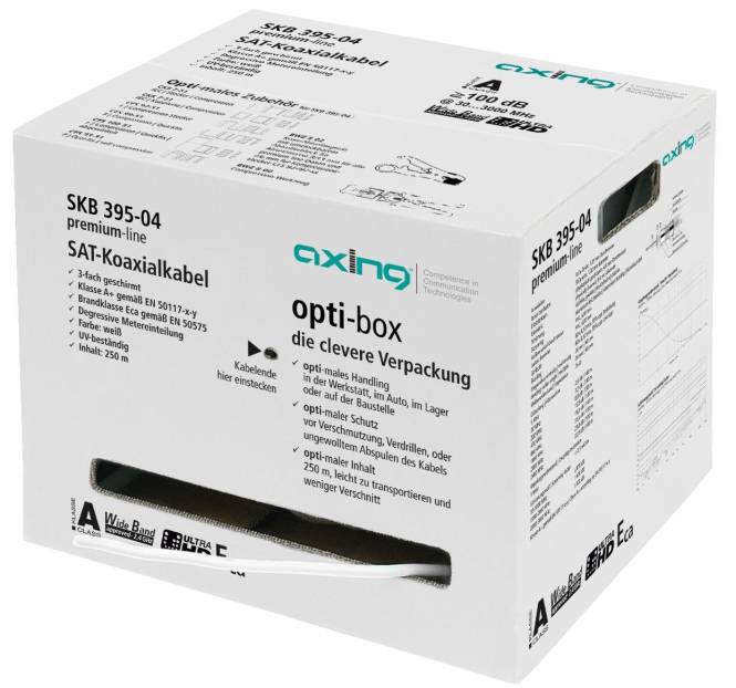 AXING SAT Koaxialkabel SKB 395-04' Premium-Line-Kabelbox mit praktischem Design für einfache Lagerung und Installation sowie Produktspezifikationen.