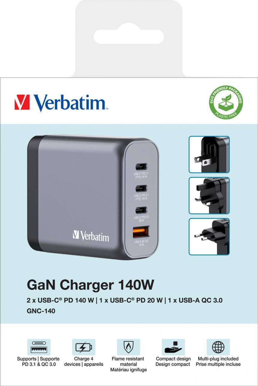 Verbatim GNC-140 GaN Charger 4 Port 140W USB A/C (EU/UK/US) Multimedia-Technik Ladegerät