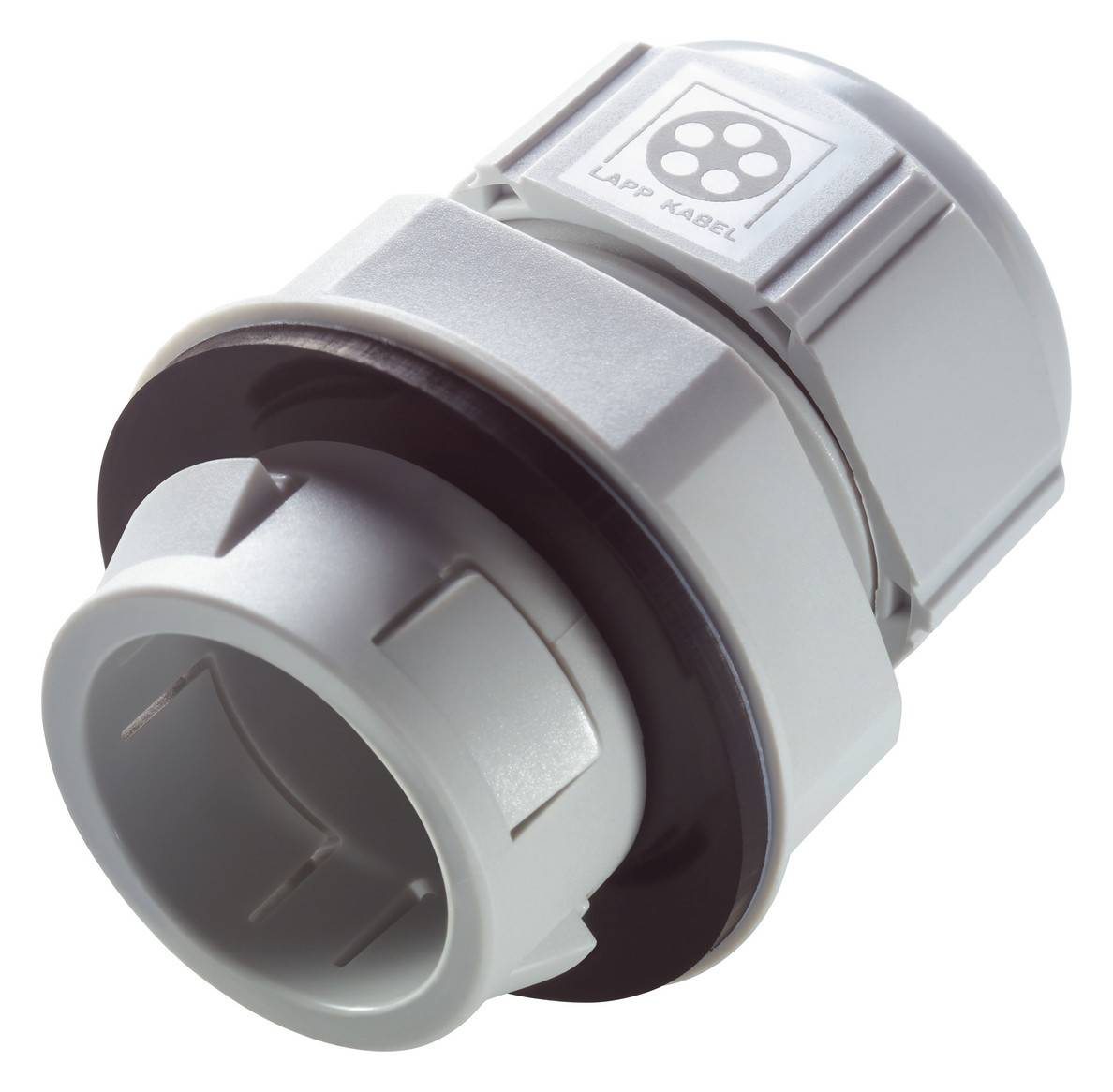 Ein grauer Verschraubung, gekennzeichnet mit „Lapp Kabel