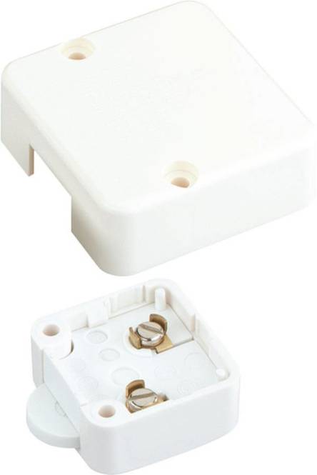 Eine Nahaufnahme eines weißen Elektrosteckers mit einem metallischen Schraubenmechanismus und einer Drahtklemme.