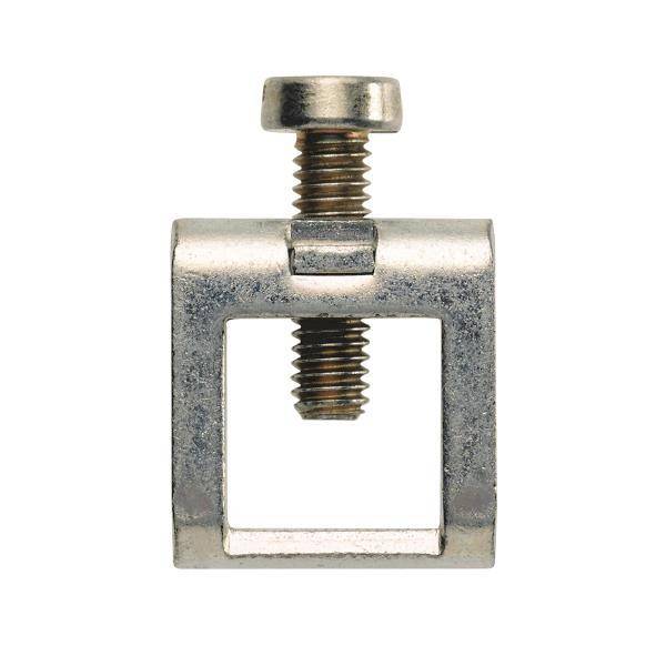 Eine quadratische Metallverbindung mit zwei Schrauben, eine oben und eine unten, wird verwendet, um Objekte zusammenzuhalten.