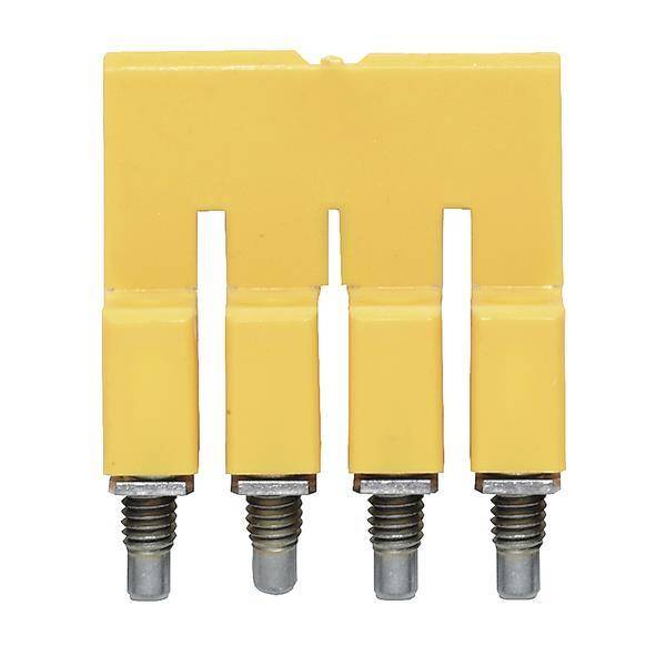 Ein gelber Steckbrückenstecker mit vier Metallkontakten, der zum Verbinden verschiedener Teile einer Leiterplatte verwendet wird.