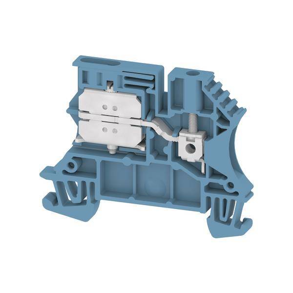 Ein blauer Klemmleistenblock mit sichtbaren inneren Verbindungen und Schraubmechanismus, entwickelt zum Sichern und Organisieren von Elektrokabeln.