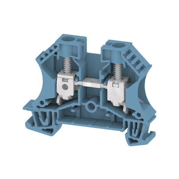 Ein blauer Elektroklemmenblock in Querschnittdarstellung mit sichtbaren Metallschrauben und Verbindungsteilen zum Befestigen von Elektrokabeln.