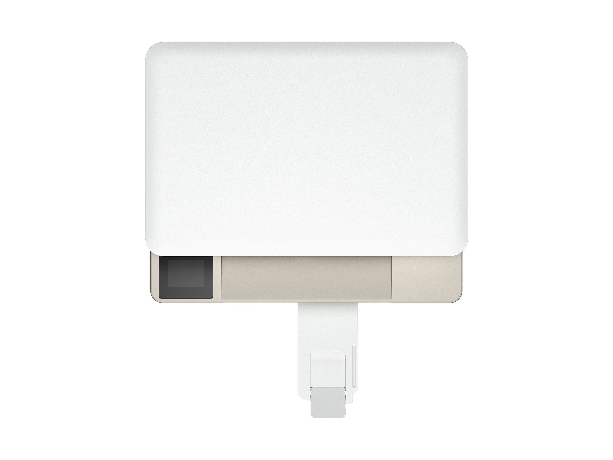Draufsicht eines minimalistischen, quadratischen, weiß und beige farbenen Wandgeräts mit einem kleinen schwarzen Bildschirm auf der linken Seite.
