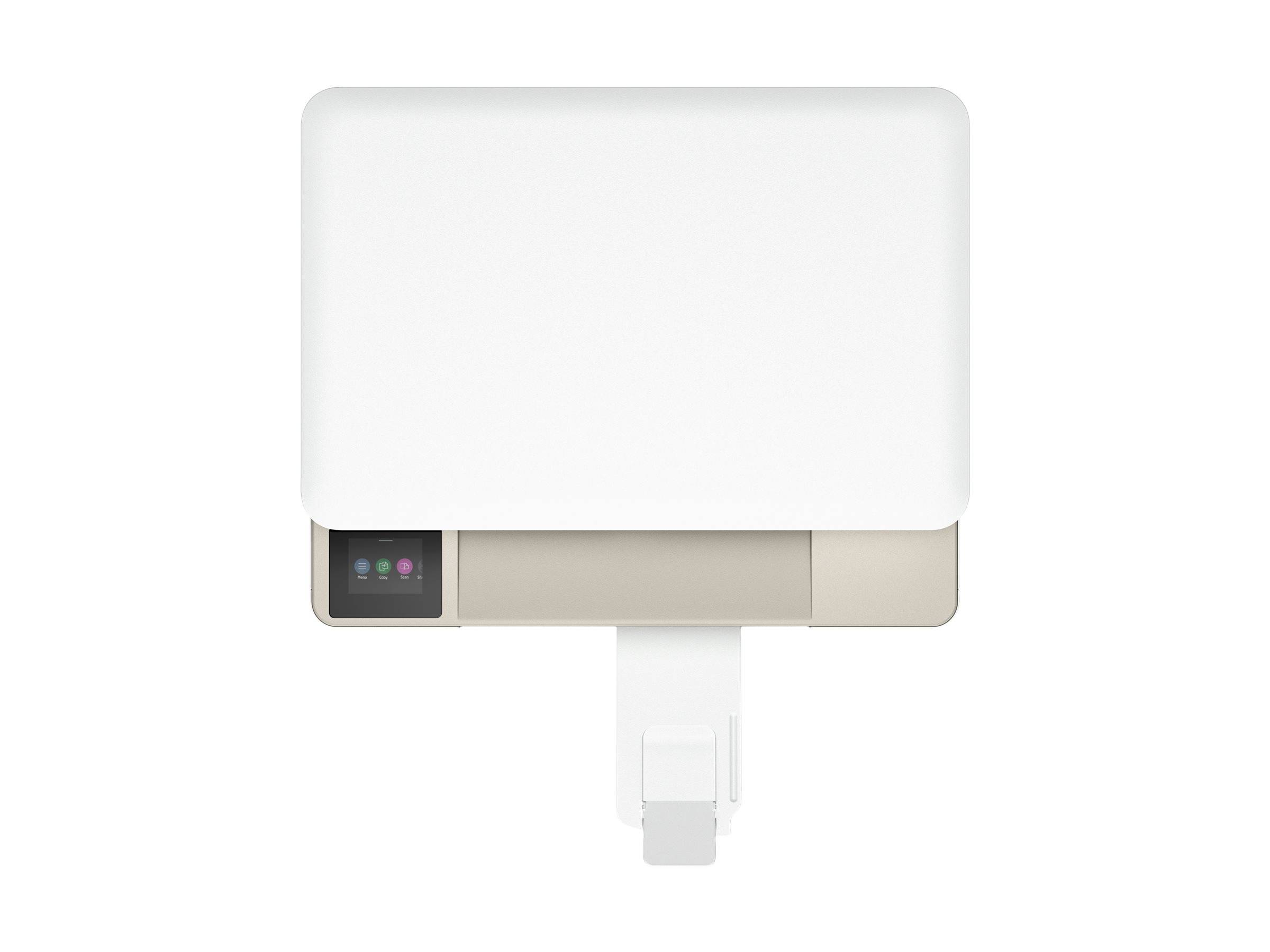 Draufsicht eines geschlossenen Apple MacBook mit einem beigen Rahmen und weißem Deckel, auf dem ein kleiner Teil des Bildschirms mit bunten Icons zu sehen ist.