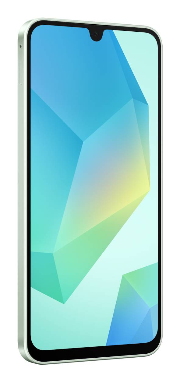 Smartphone mit farbenfrohem Gradient-Display, das abstrakte Formen in Blau-, Grün- und Gelbtönen auf dem Bildschirm zeigt.