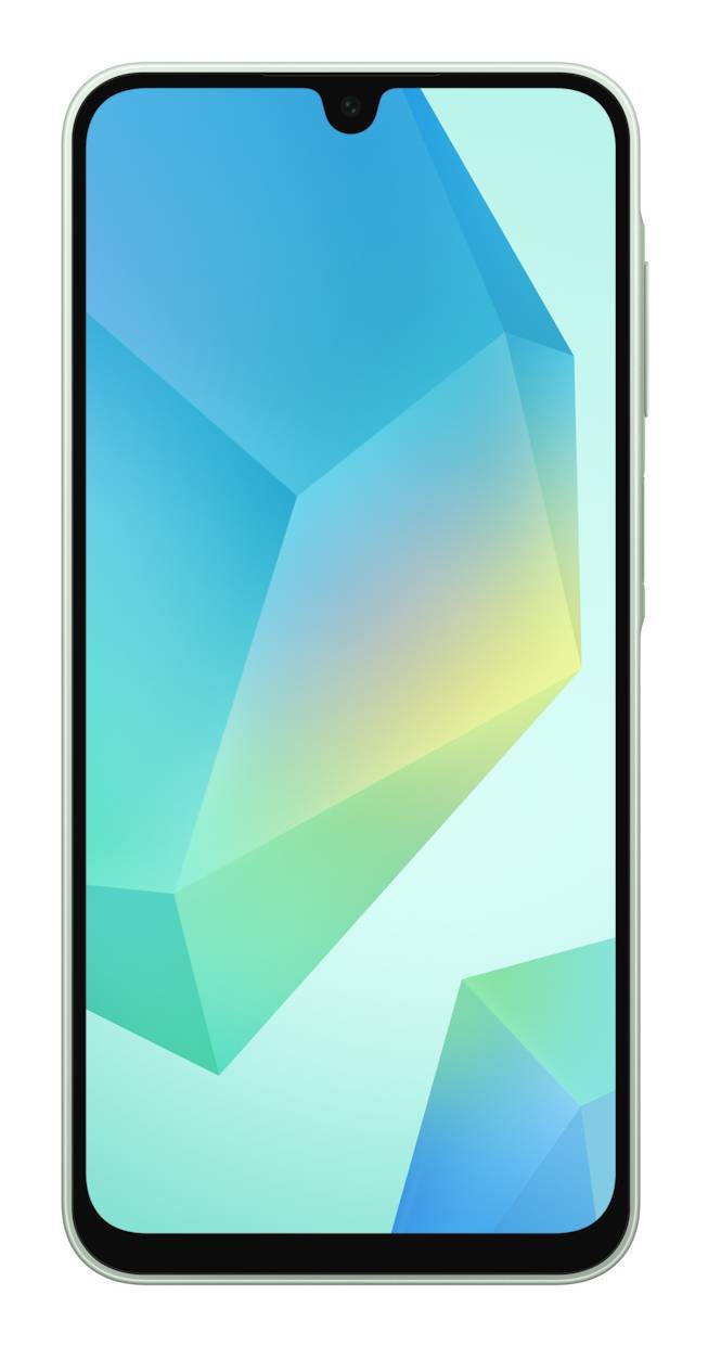 Ein Smartphone mit einem blauen und grünen Farbverlauf-Geometrie-Design auf dem Bildschirm, leicht im Winkel dargestellt.