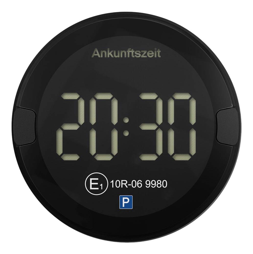Schwarze kreisförmige Parkscheibe mit Ankunftszeit „20:30