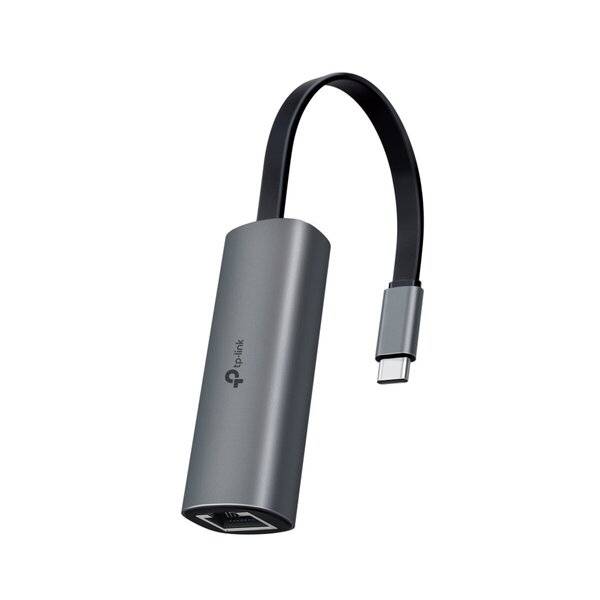 Kompakter grauer USB-C-Adapter mit kurzem schwarzem Kabel, gezeigt auf weißem Hintergrund.