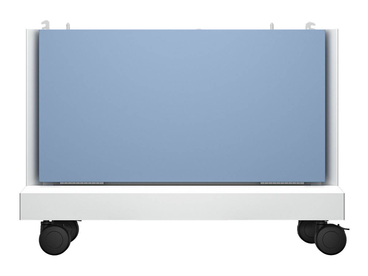 Ein blau-weißes rechteckiges Objekt auf Rädern, möglicherweise eine mobile Einheit oder ein Möbelstück, in minimalistischem Design dargestellt.