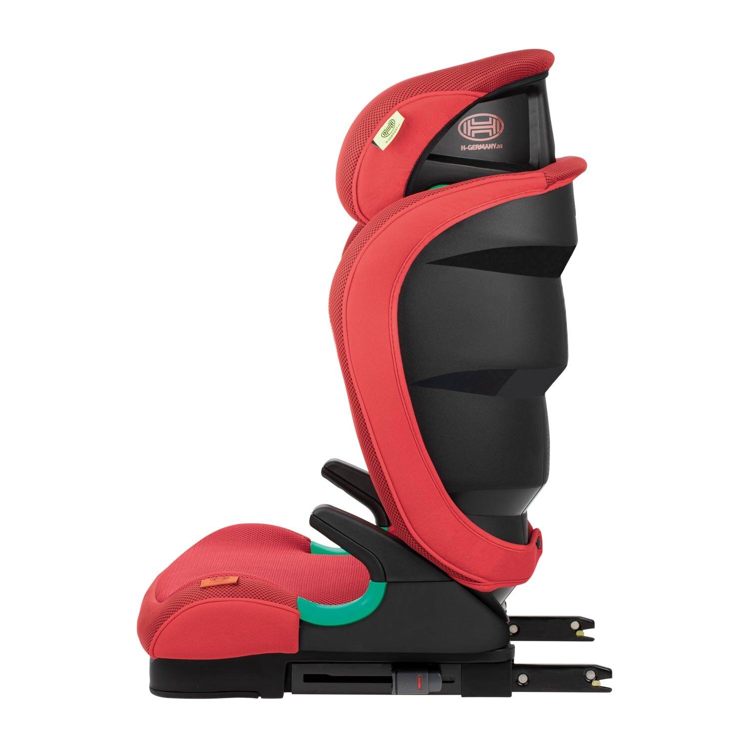 Roter Kinderautositz mit Boosterpolster in Seitenansicht, mit verstellbarer Rückenlehne und ISOFIX-Anschlüssen.