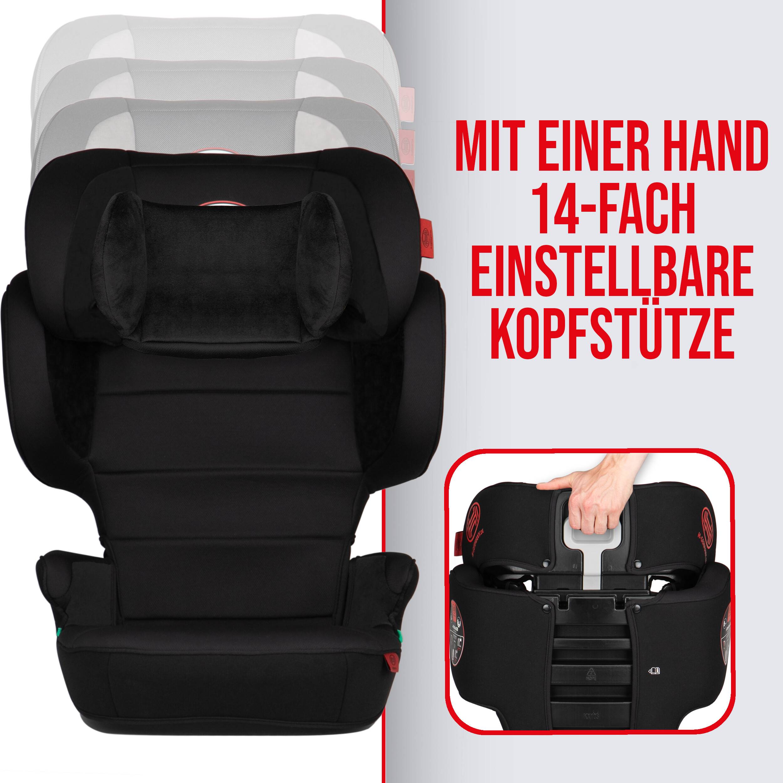 Schwarzer Kindersitz für Autos mit 14-fach verstellbarer Kopfstütze; die Detailansicht zeigt den Einhandbedienungsgriff.