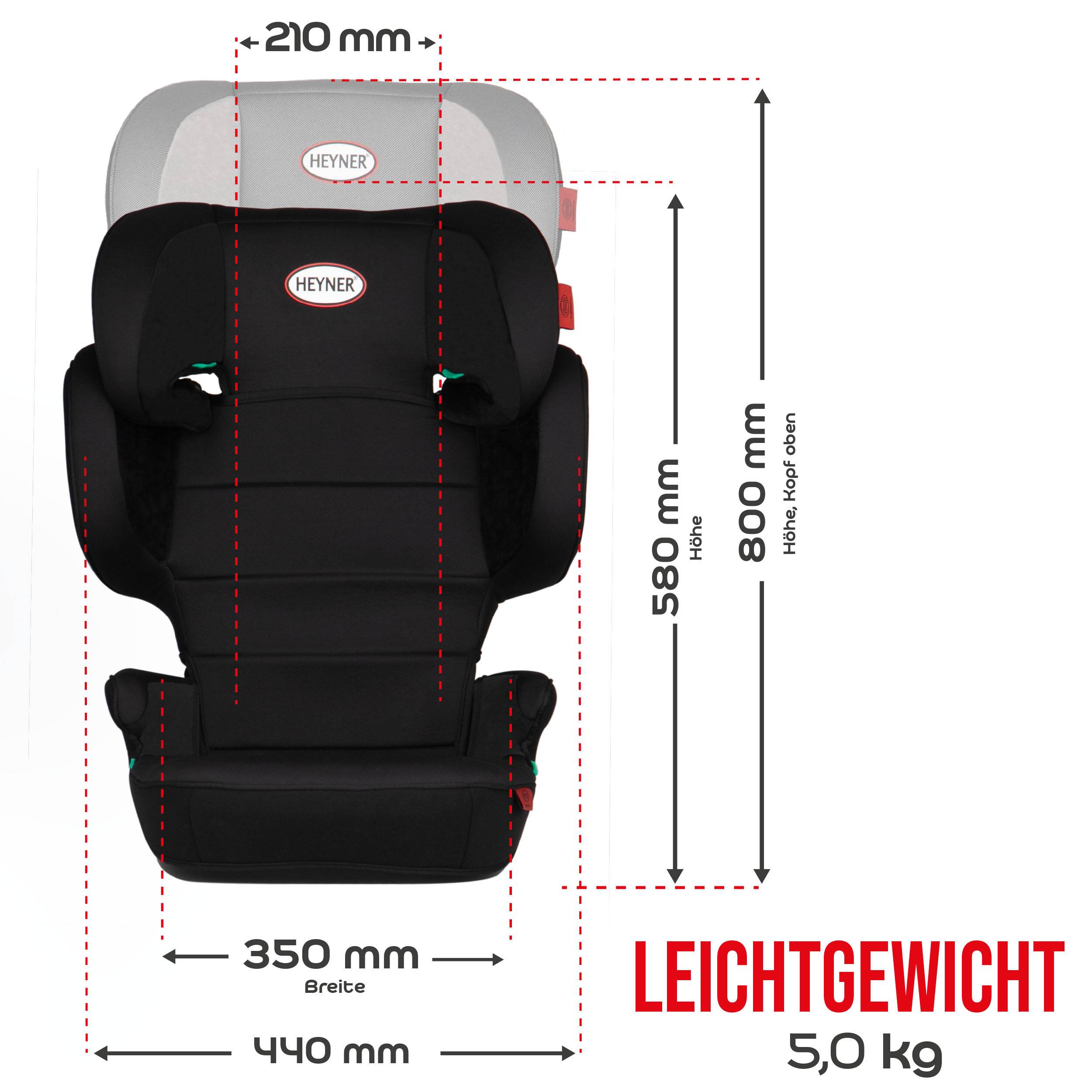 Produktdiagramm eines HEYNER-Kindersitzes mit Abmessungen: 210 mm breit oben, 350 mm Sitzbreite, 440 mm Gesamtbreite, 580 mm Höhe, 800 mm mit geöffneter Kopfstütze, Gewicht 5,0 kg.