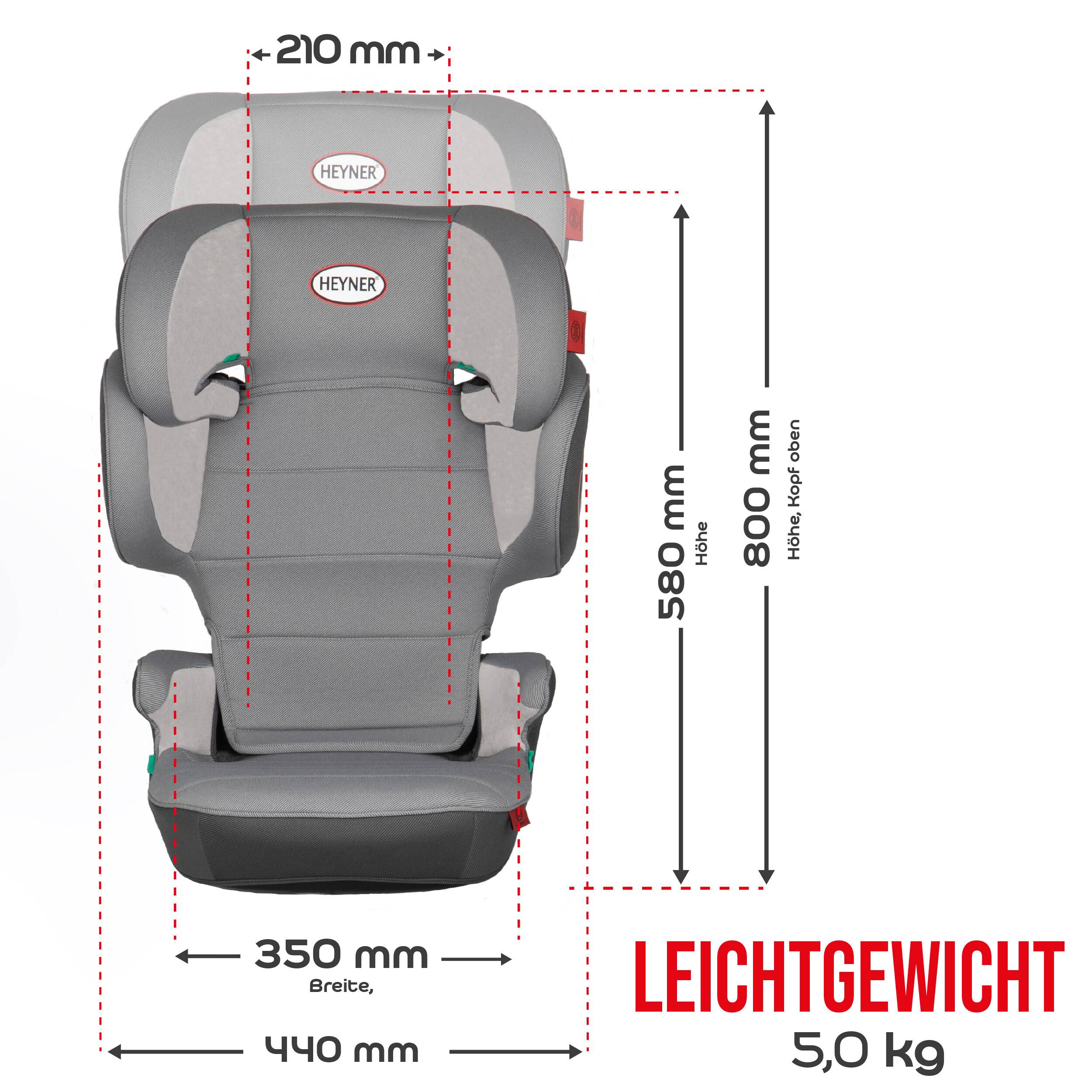 Diagramm eines Kindersitzes mit Abmessungen: 440 mm breit, 580 mm hoch, 800 mm offene Höhe, 210 mm obere Breite und Gewicht 5,0 kg.