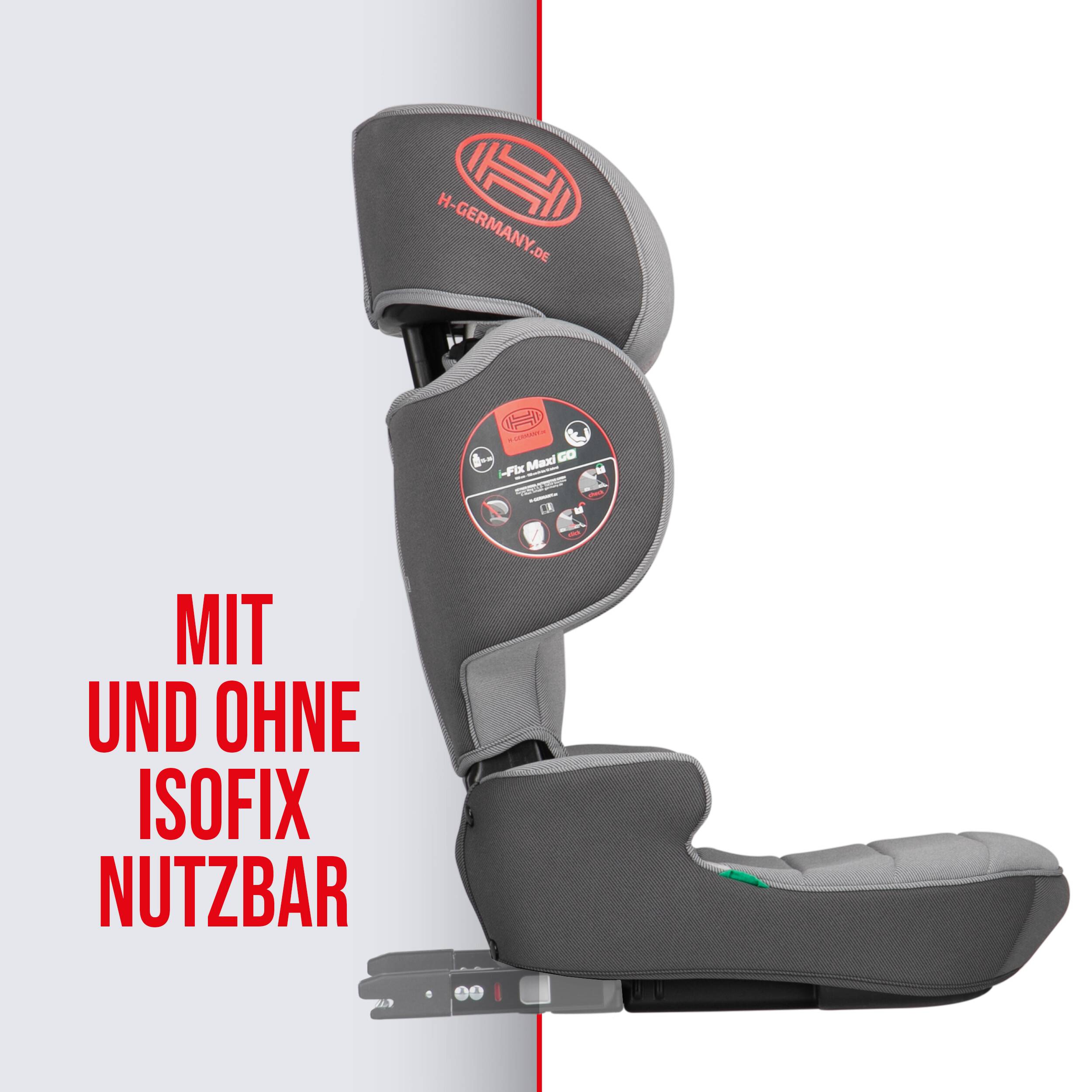 Grauer Kindersitz von der Seite gezeigt mit rotem Text „MIT UND OHNE ISOFIX NUTZBAR