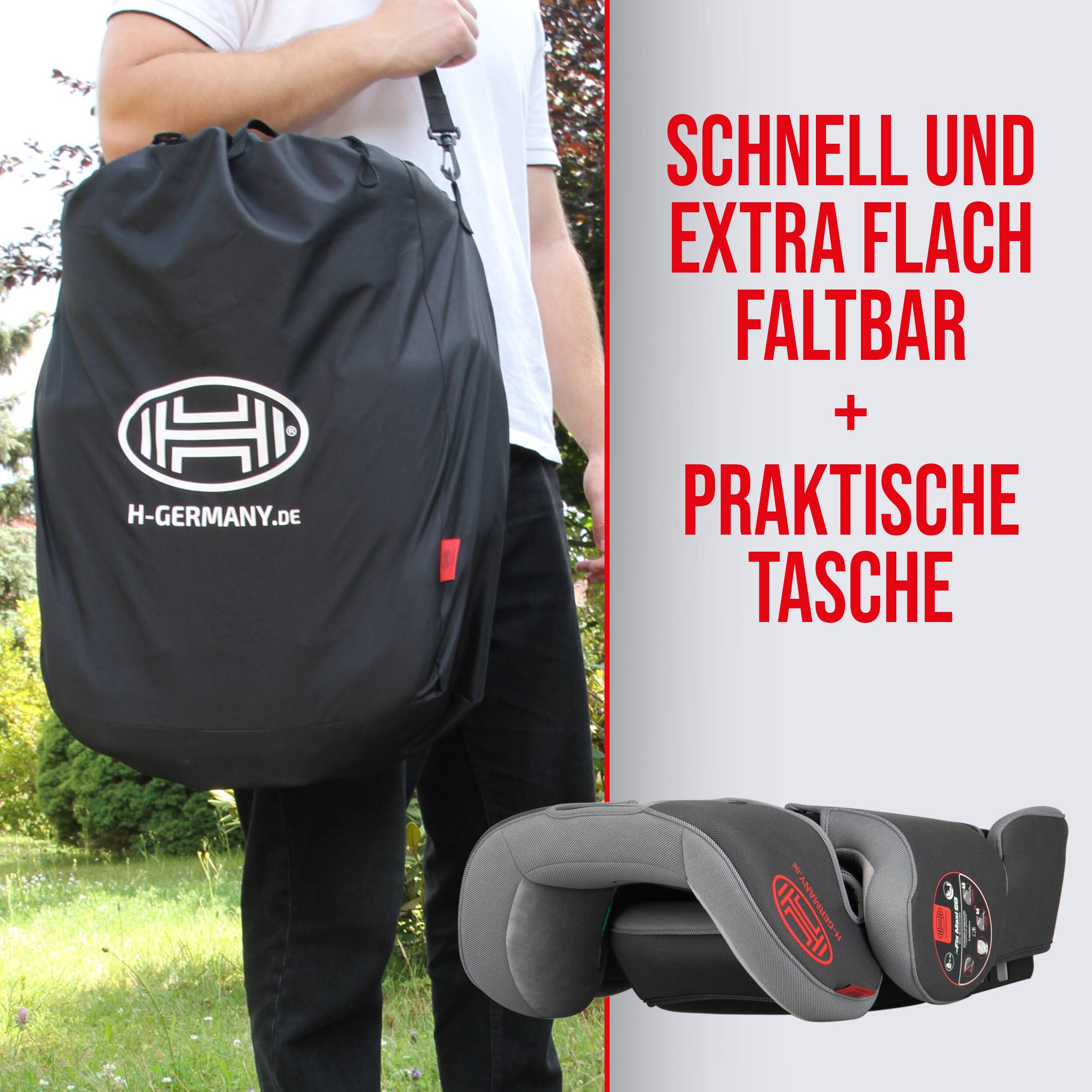 Werbebild eines gefalteten Autositzkissens mit Tasche mit H-GERMANY.de Logo, gehalten von einer Person; Deutscher Text besagt „Schnell und extra flach faltbar + praktische Tasche