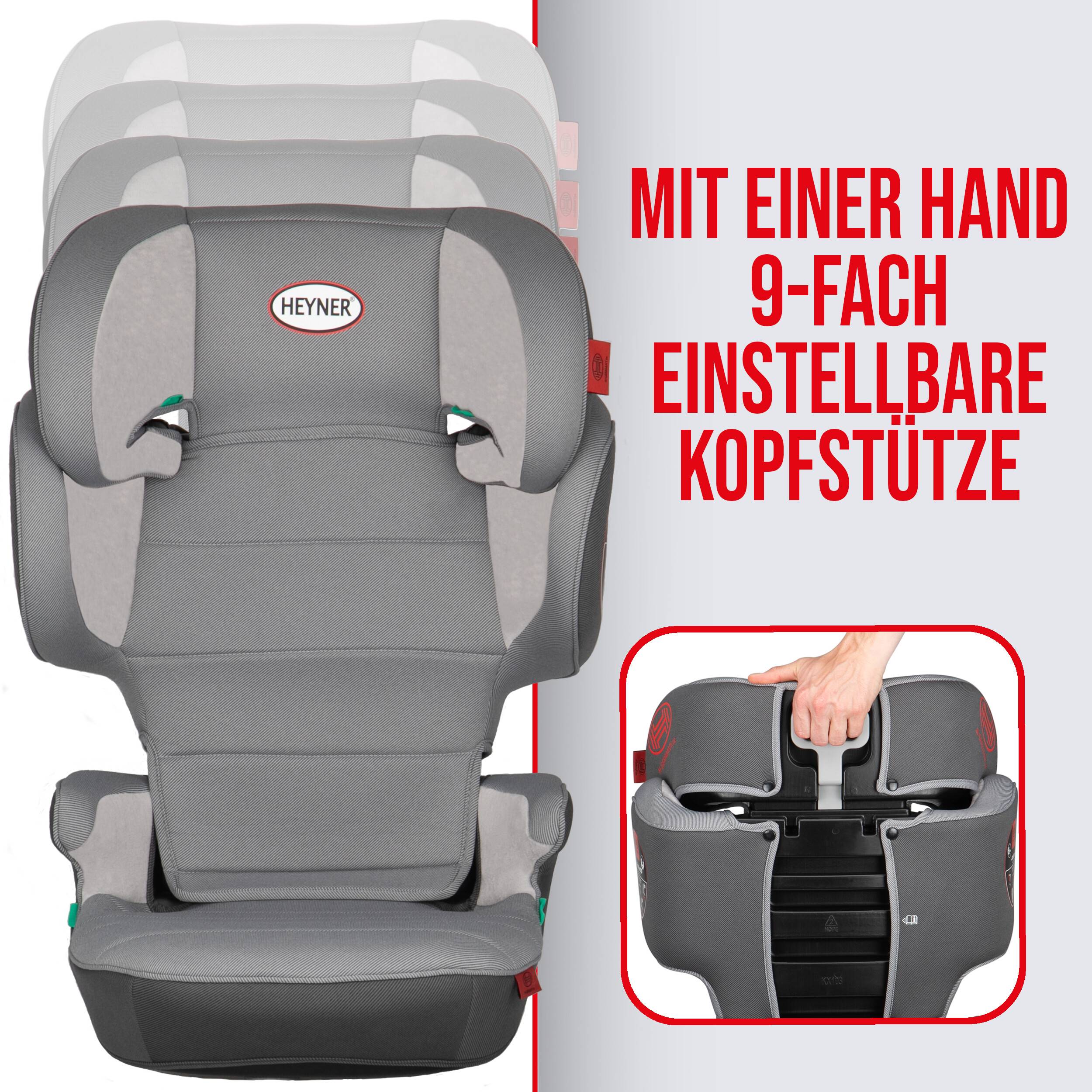 Grauer Heyner-Autokindersitz mit 9-fach verstellbarer Kopfstütze, gezeigt mit Detailansicht einer Hand, die den Kopfstützenriemen verstellt.