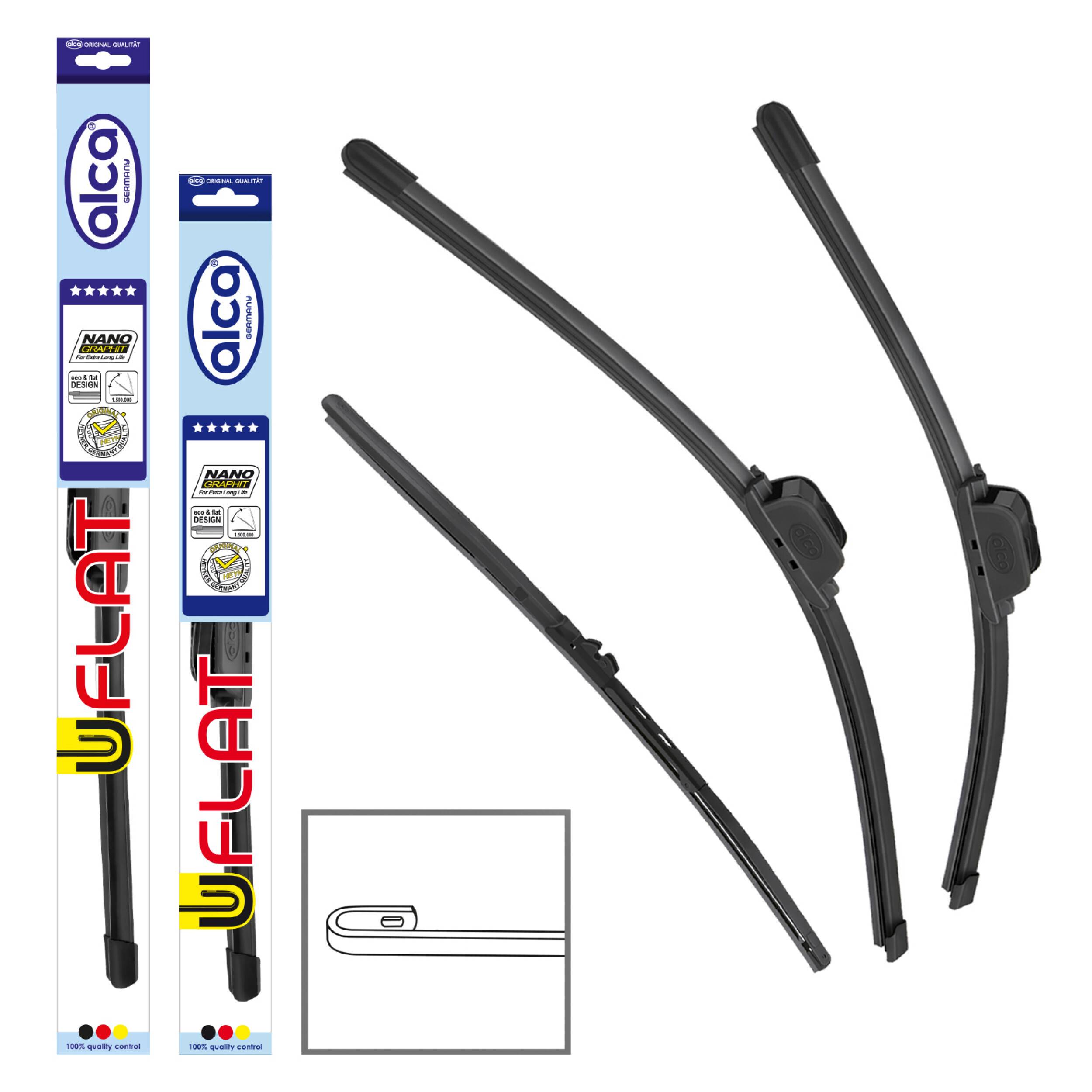 alca® Scheibenwischer Set mit Heckwischer passend für VW CORRADO (08.1987 - 12.1995) U-FLAT Flachbalkenwischer
