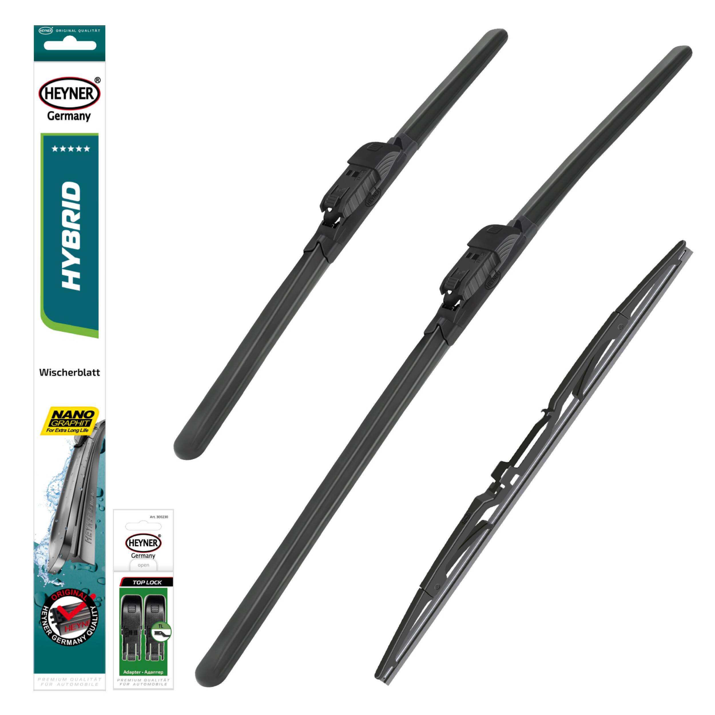 HEYNER® Scheibenwischer Set mit Heckscheibenwischer passend für FIAT 500 (10.2007 - 03.2025) HYBRID Flachbalkenwischer