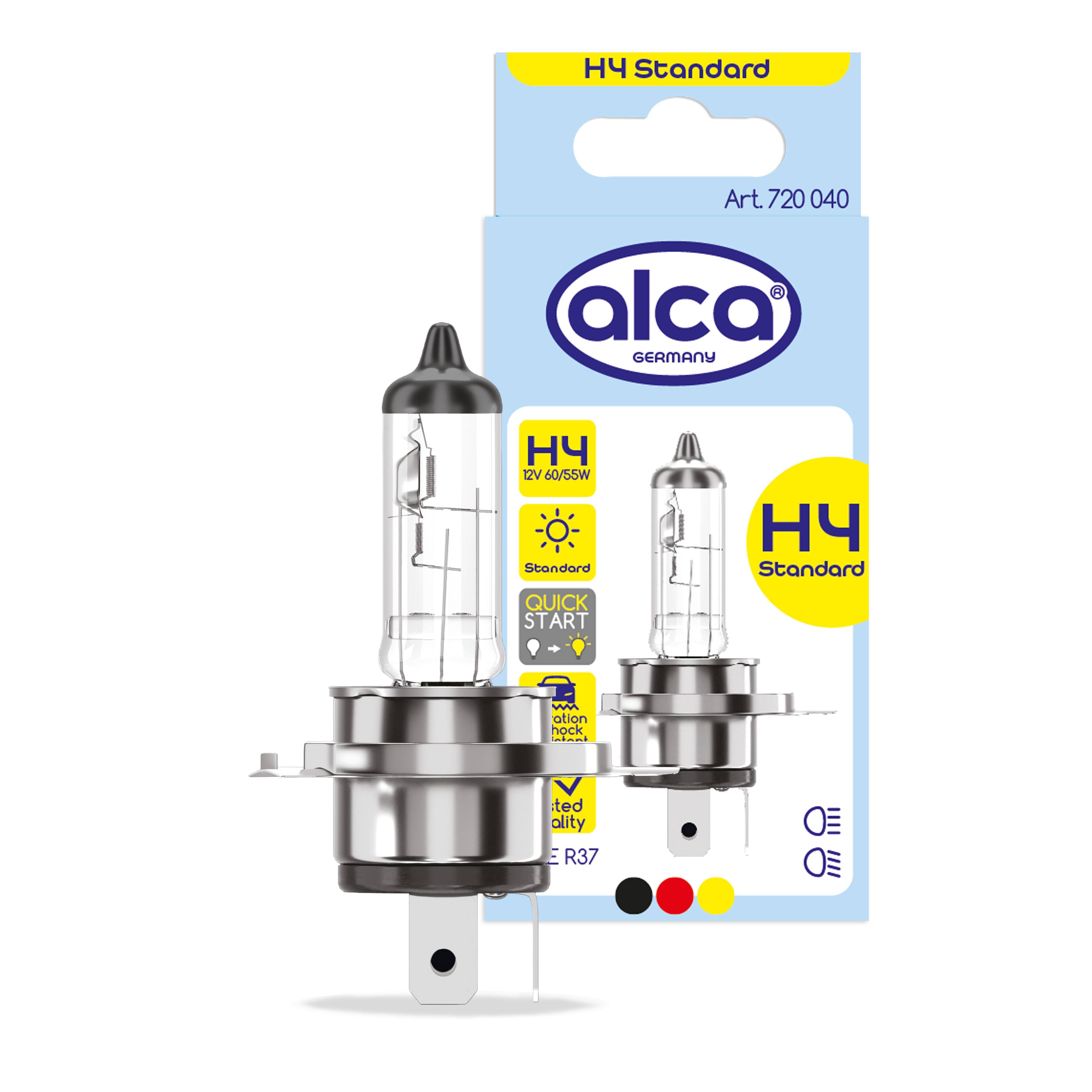 H4 Standard' Scheinwerferleuchtmittel von Alca mit zwei Lampen auf einer blau-gelben Verpackung, wirbt für 'Quick Start' und Leistungsdetails.