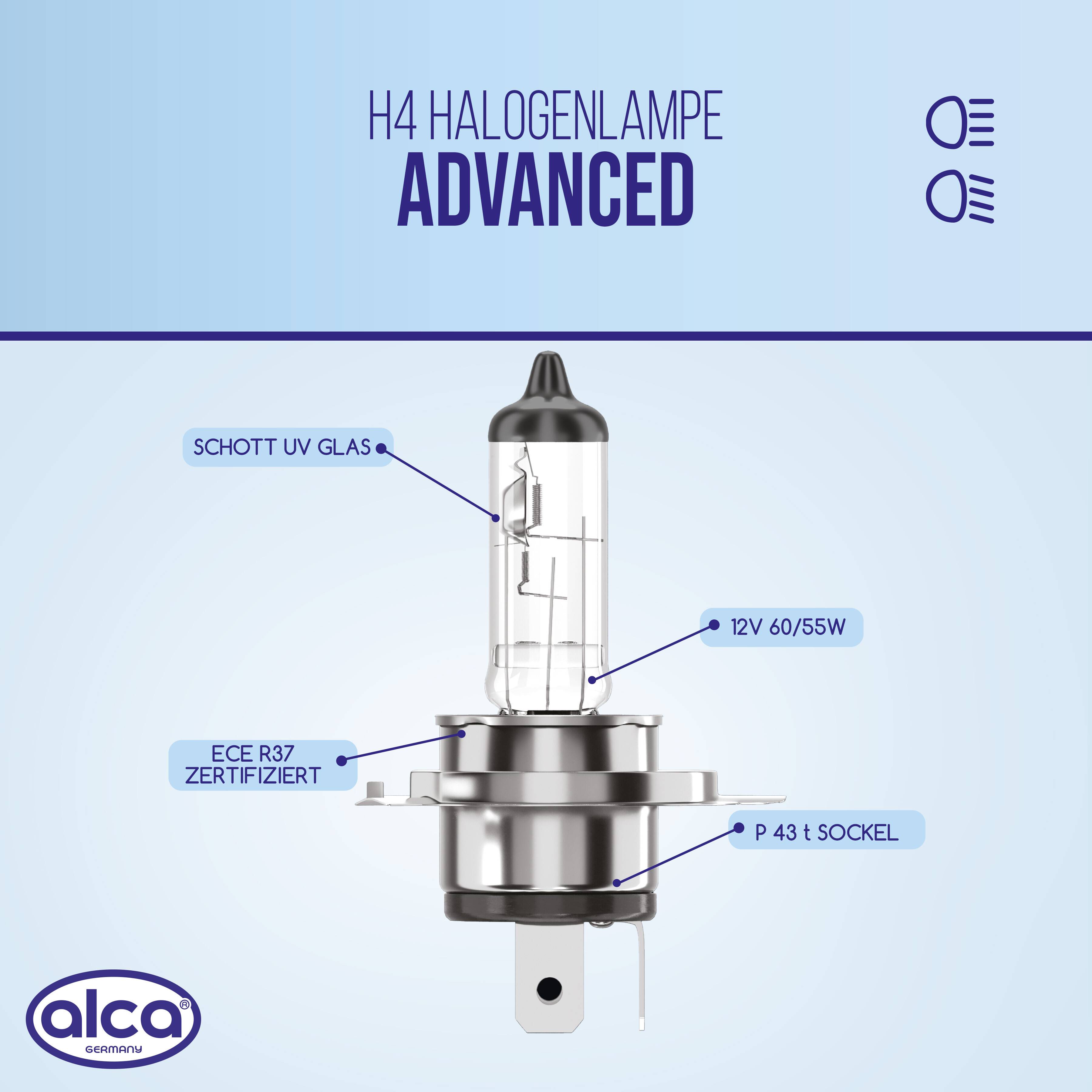 alca® Halogenlampe H4 Fahrzeuglampe Glühbirne Auto Leuchtmittel 12V 60W Sockel: P43t