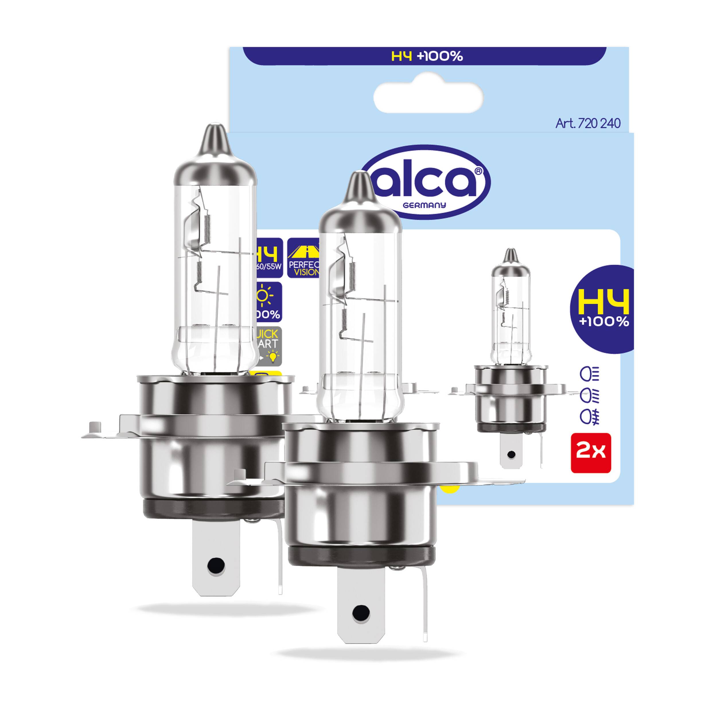 alca® Halogenlampe H4 100% mehr Licht Glühbirne Fahrzeuglampe Auto Leuchtmittel 12V 60W Sockel: P43t 2 Stück