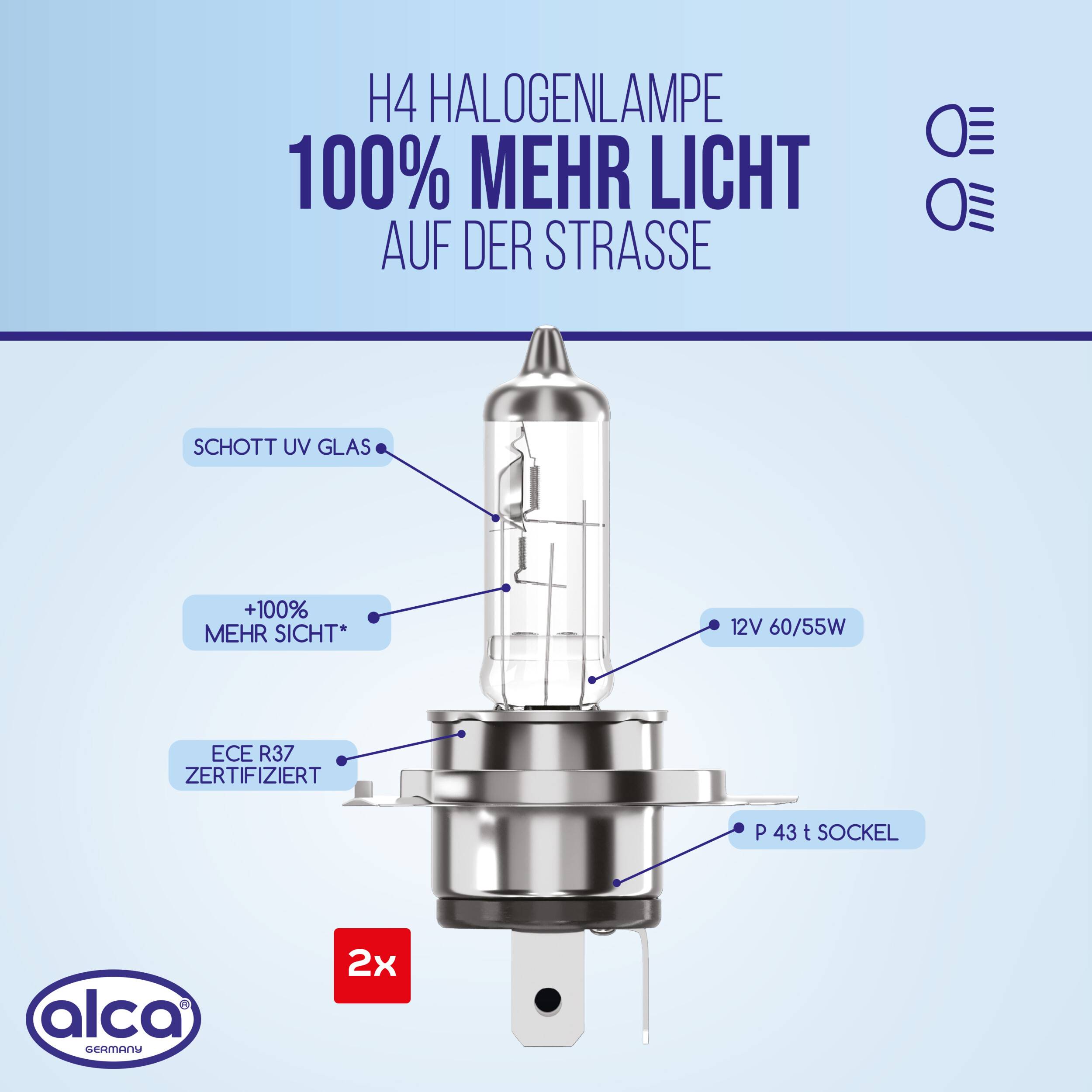 alca® Halogenlampe H4 100% mehr Licht Glühbirne Fahrzeuglampe Auto Leuchtmittel 12V 60W Sockel: P43t 2 Stück