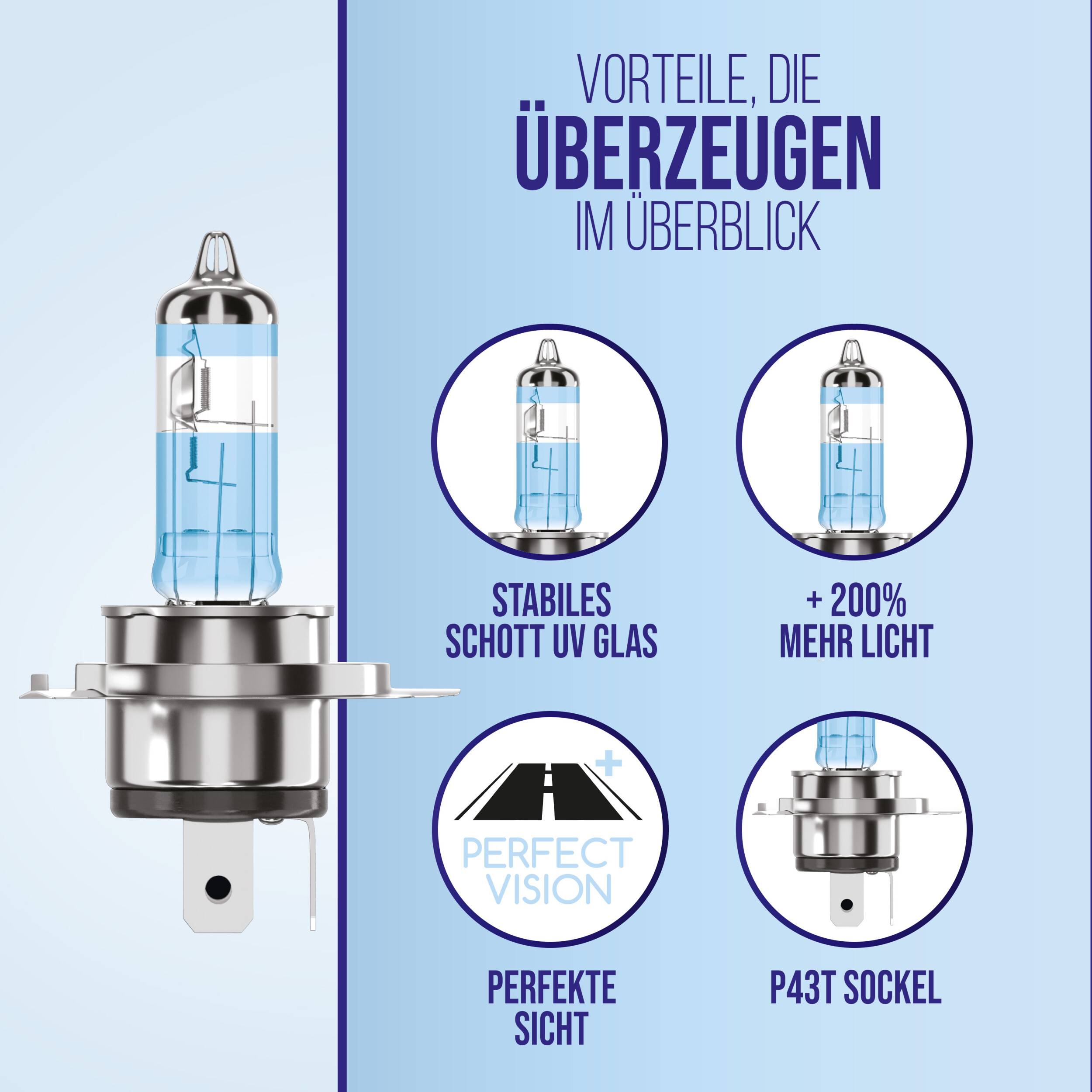 alca® Halogenlampe H4 200% mehr Licht Glühbirne Fahrzeuglampe Auto Leuchtmittel 12V 60W Sockel: P43t 2 Stück