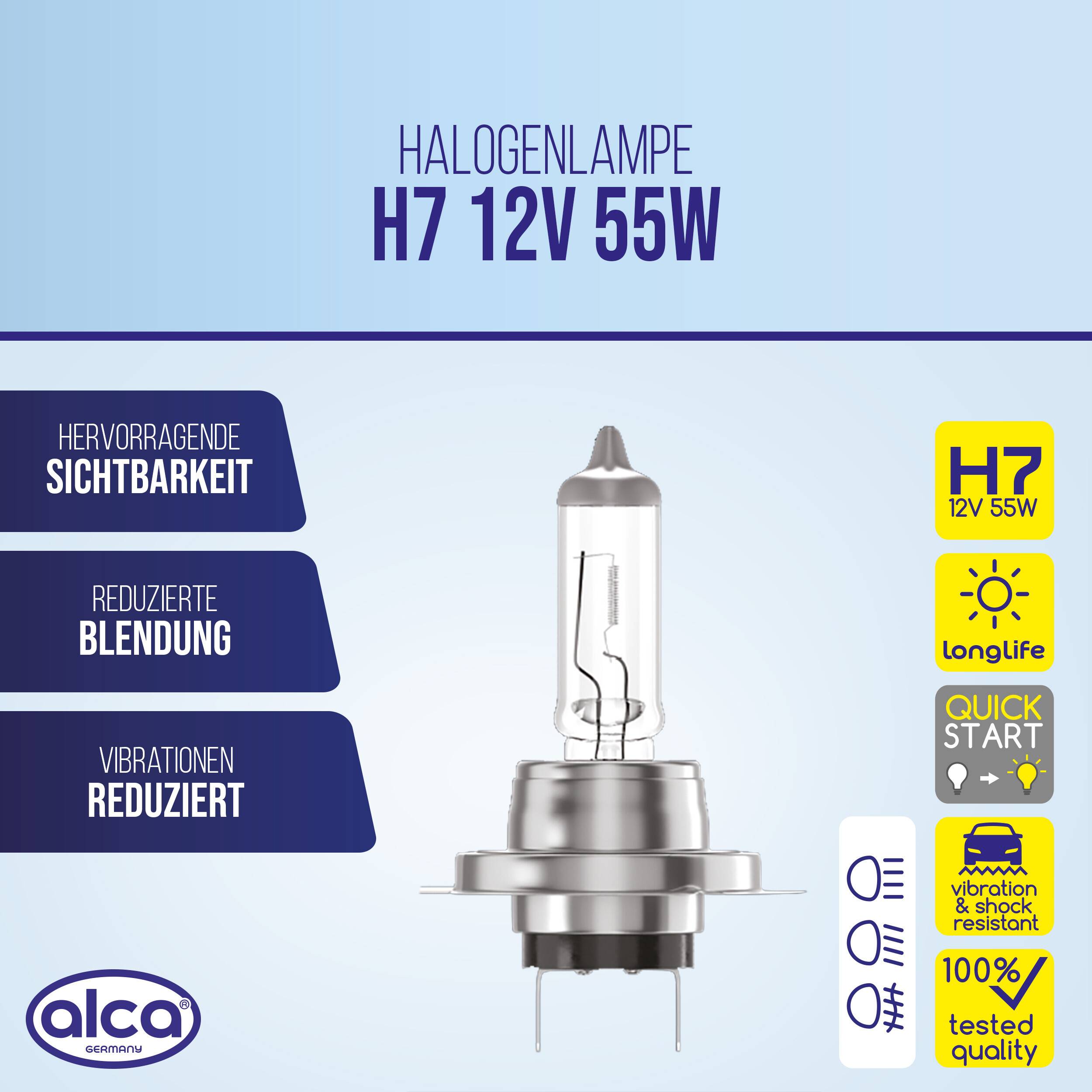 Werbeabbildung einer H7 12V 55W Halogen-Autoglühbirne, die die Birne zentriert mit Merkmalsbadges für Sichtbarkeit, reduzierte Blendung, reduzierte Vibrationen, lange Lebensdauer, schnellen Start und Vibrations- und Stoßfestigkeit zeigt.