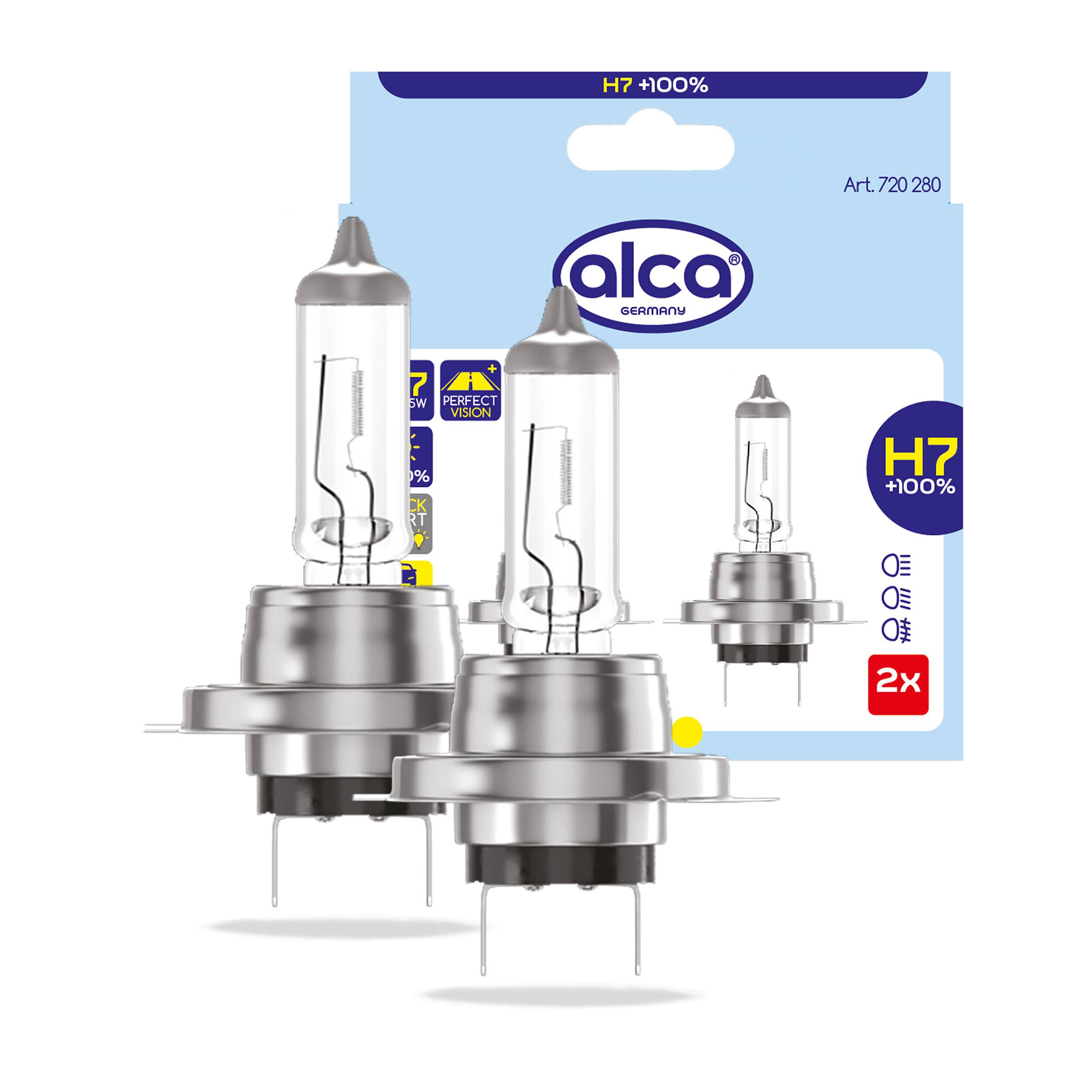 Produktverpackung für Alca Germany H7 +100% Halogen-Scheinwerferlampen, zeigt drei Glühbirnen und ein „2x