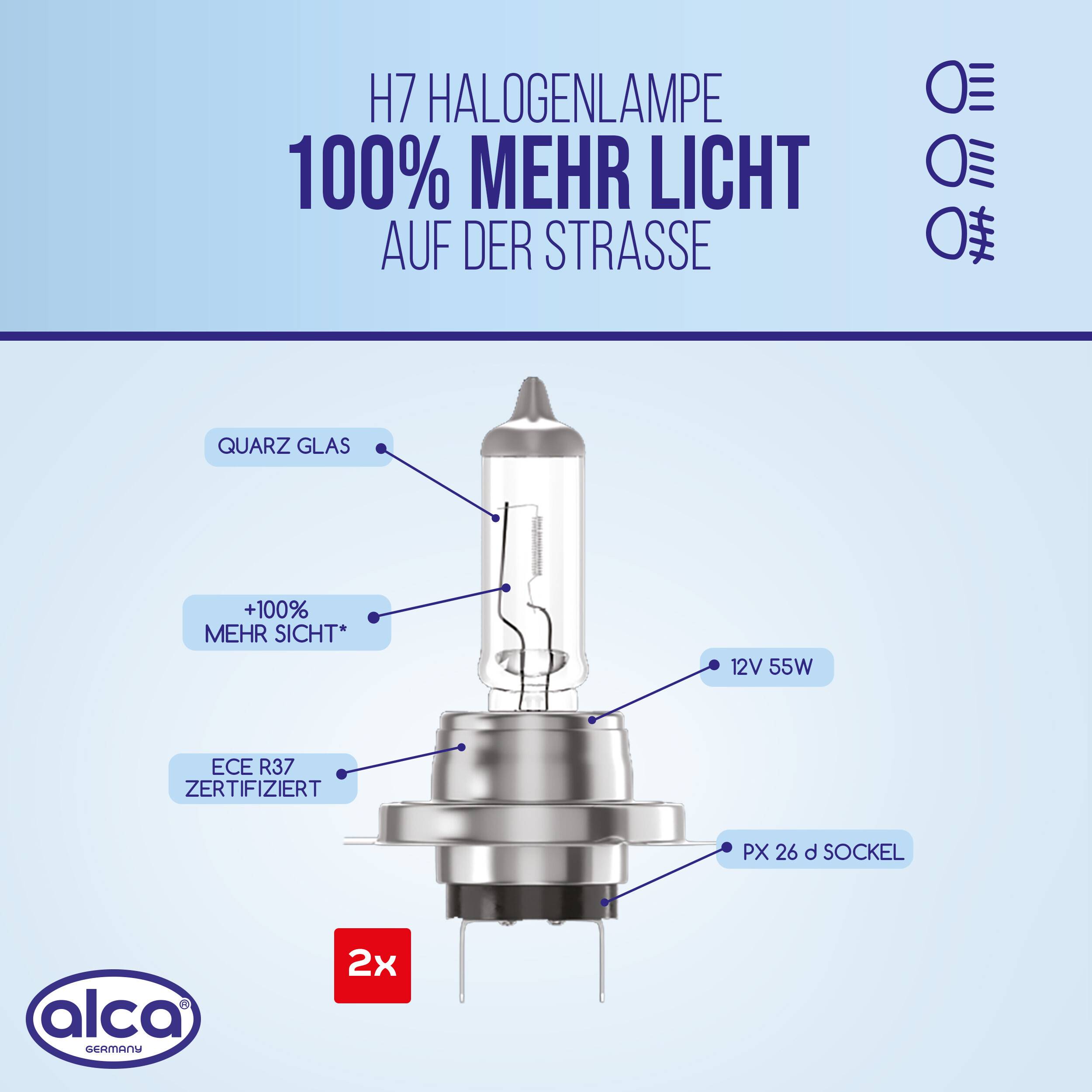 Werbung für eine Alca H7 Halogen-Autolampe, mit dem Label „100 % mehr Licht auf der Straße