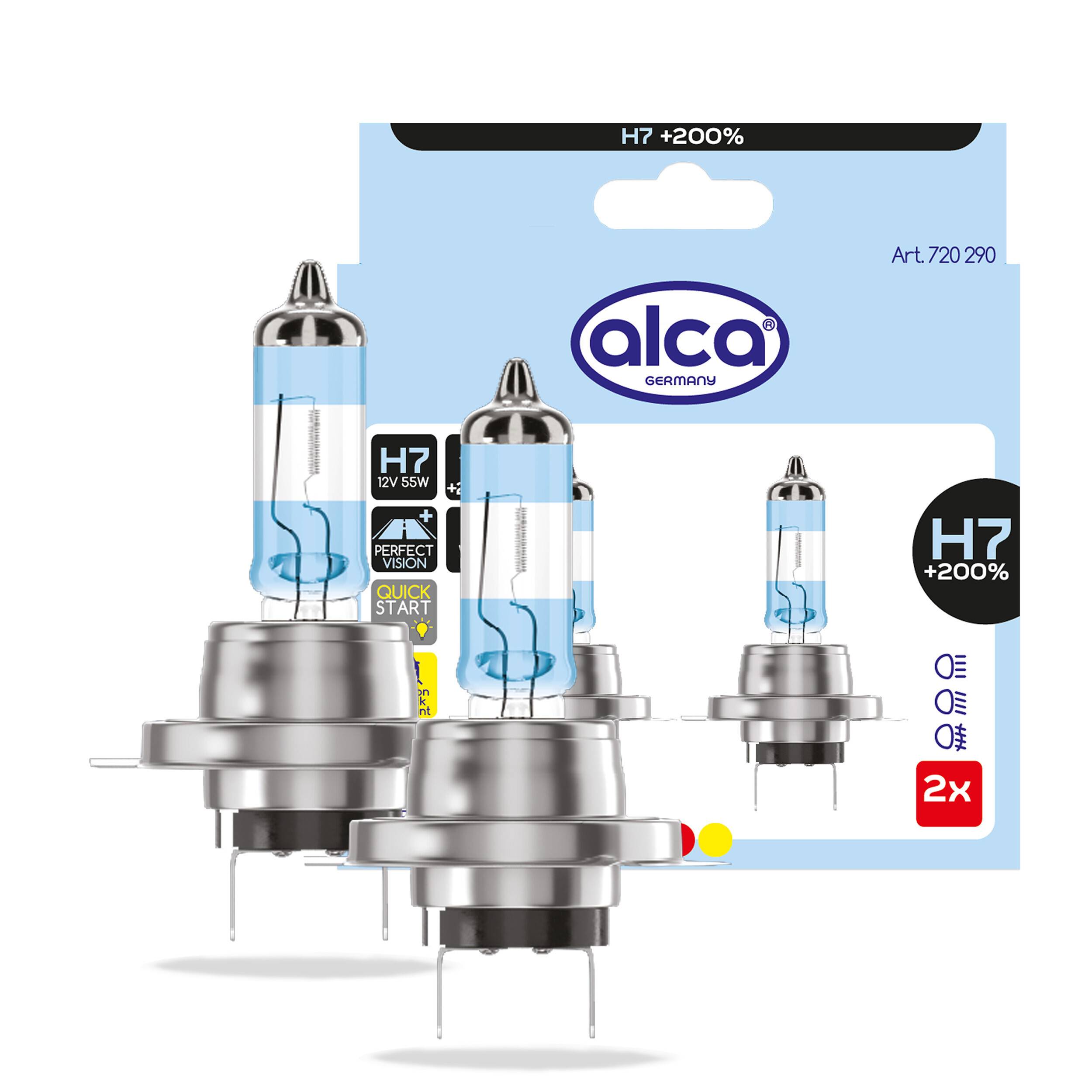 Alca Germany H7 +200% 12V 55W Automotiv-Scheinwerferlampen auf der Verpackung gezeigt, mit mehreren Lampenabbildungen und Produktkunstwerk.